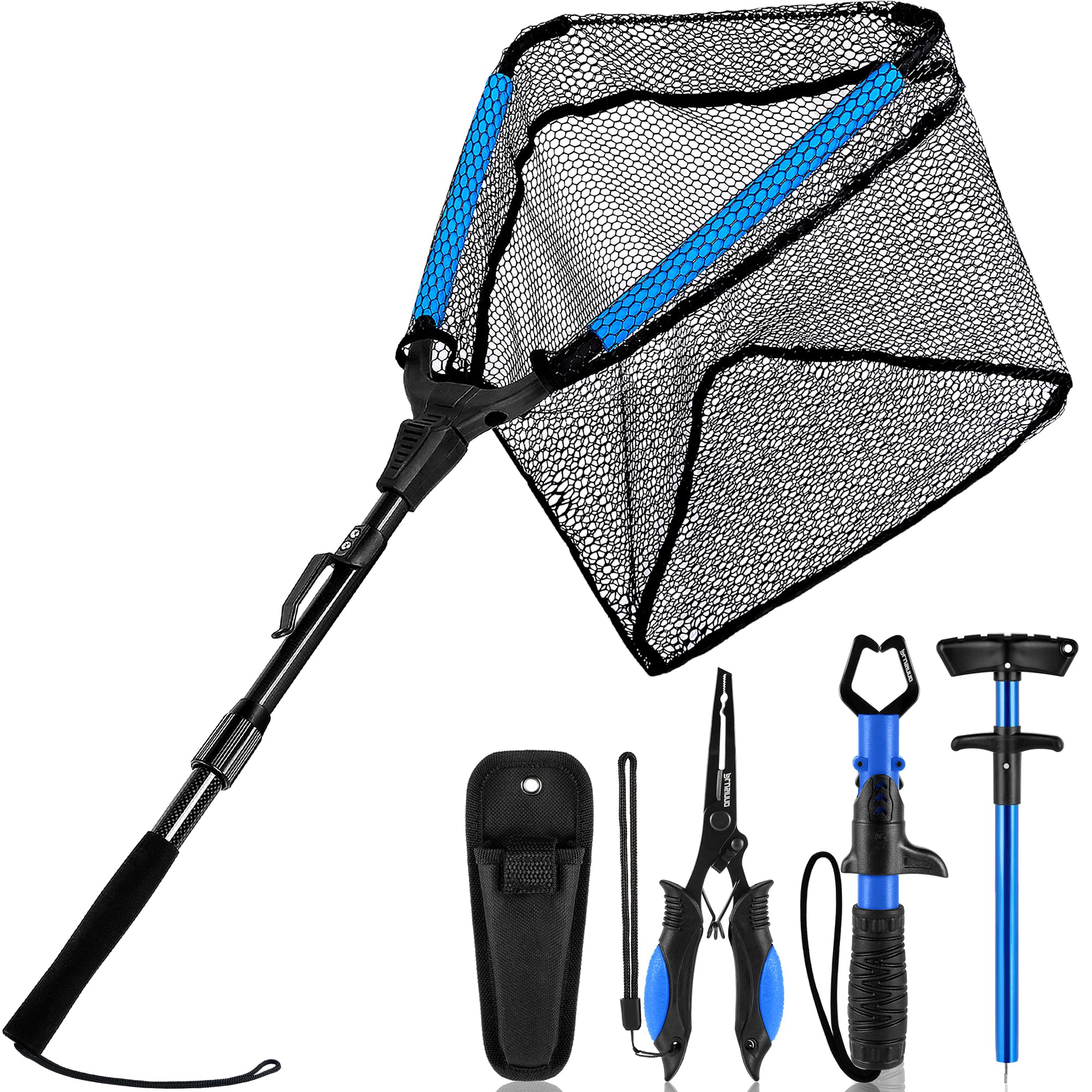 PLUSINNO Fishing Net Fish Floating Landing Net, Kayak Nets with Fixed Foldable Telescopic Pole Handle, More Fishing Tools Kit, Bass Trout Fishing Nets for Pond Lake River, Fishing Gear Gifts for Men