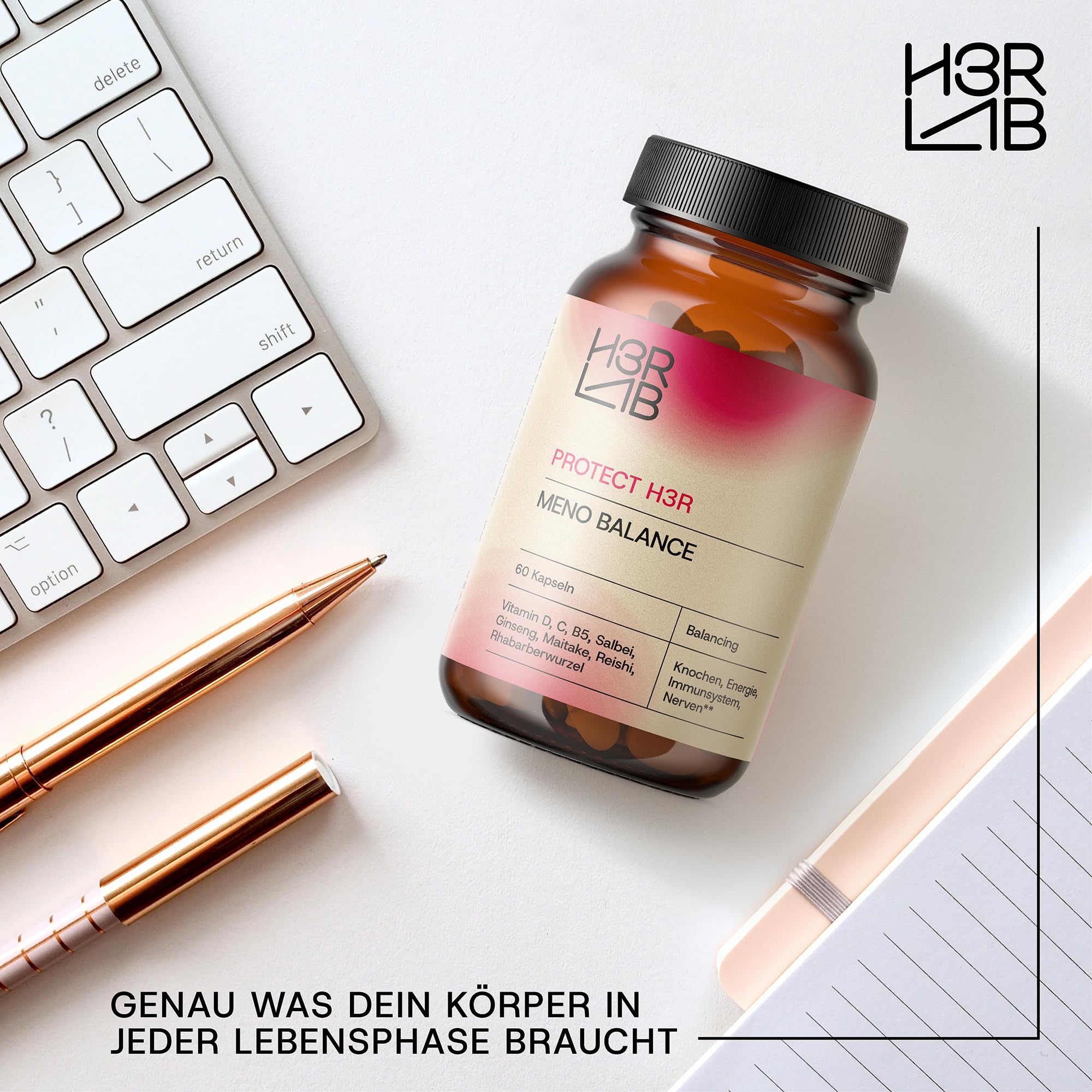 Meno Balance – Nahrungsergänzungsmittel mit Salbei, Rhapontik-Rhabarber, Ginseng & Vitalpilzen | Mit Vitamin D3, C & B5 für Knochen, Energie & Immunsystem (60 Kapseln)