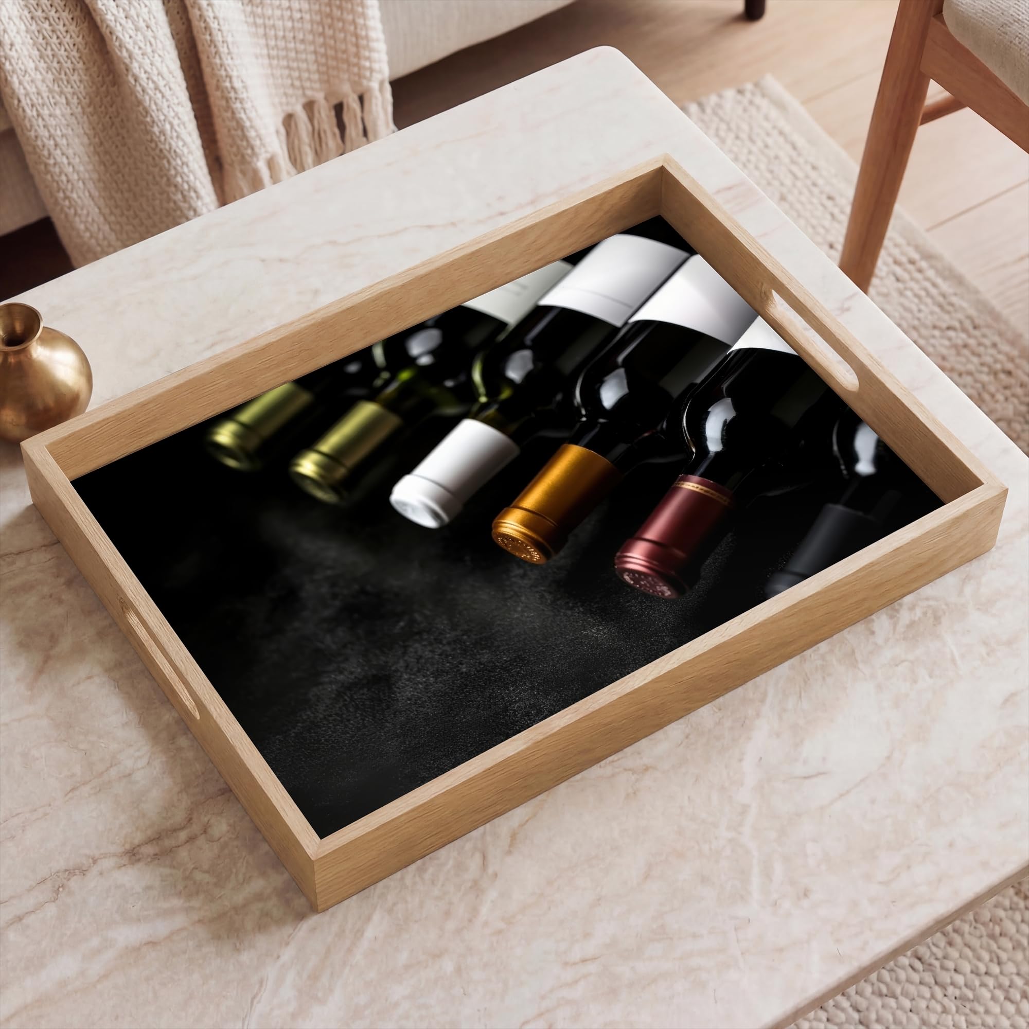Bandejas De Madera Rectangular 50x35 cm Bandeja para Servir Roble Decorativa Cafe Resistente A Los Arañazos Tabuleiro Desayuno Vino - Botellas - Variedad - Sabores