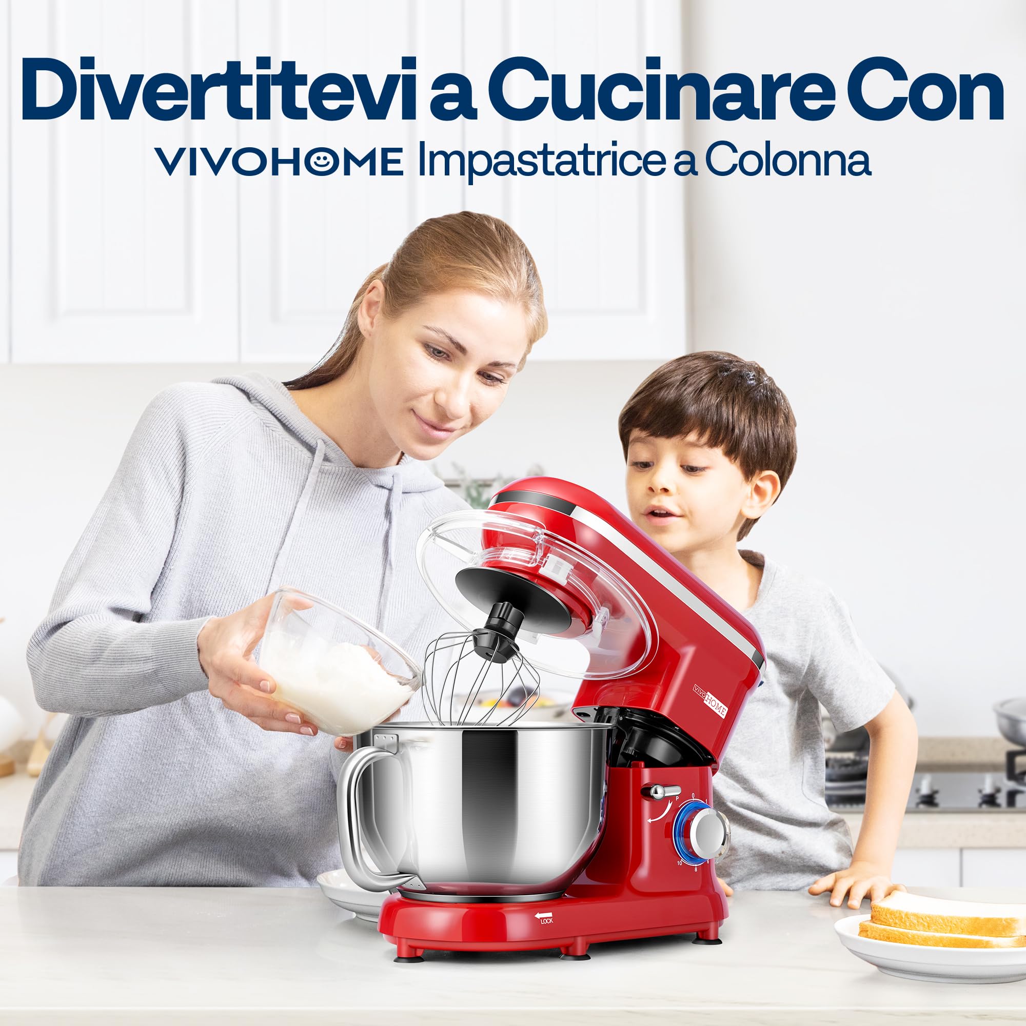VIVOHOME Impastatrice Planetaria Professionale 5,7L 10 Velocità 1500W Contenitore in Acciaio Inox, Impastatore da Cucina Multifunzione con Gancio per Impastare Frusta per Dolci, Rosso