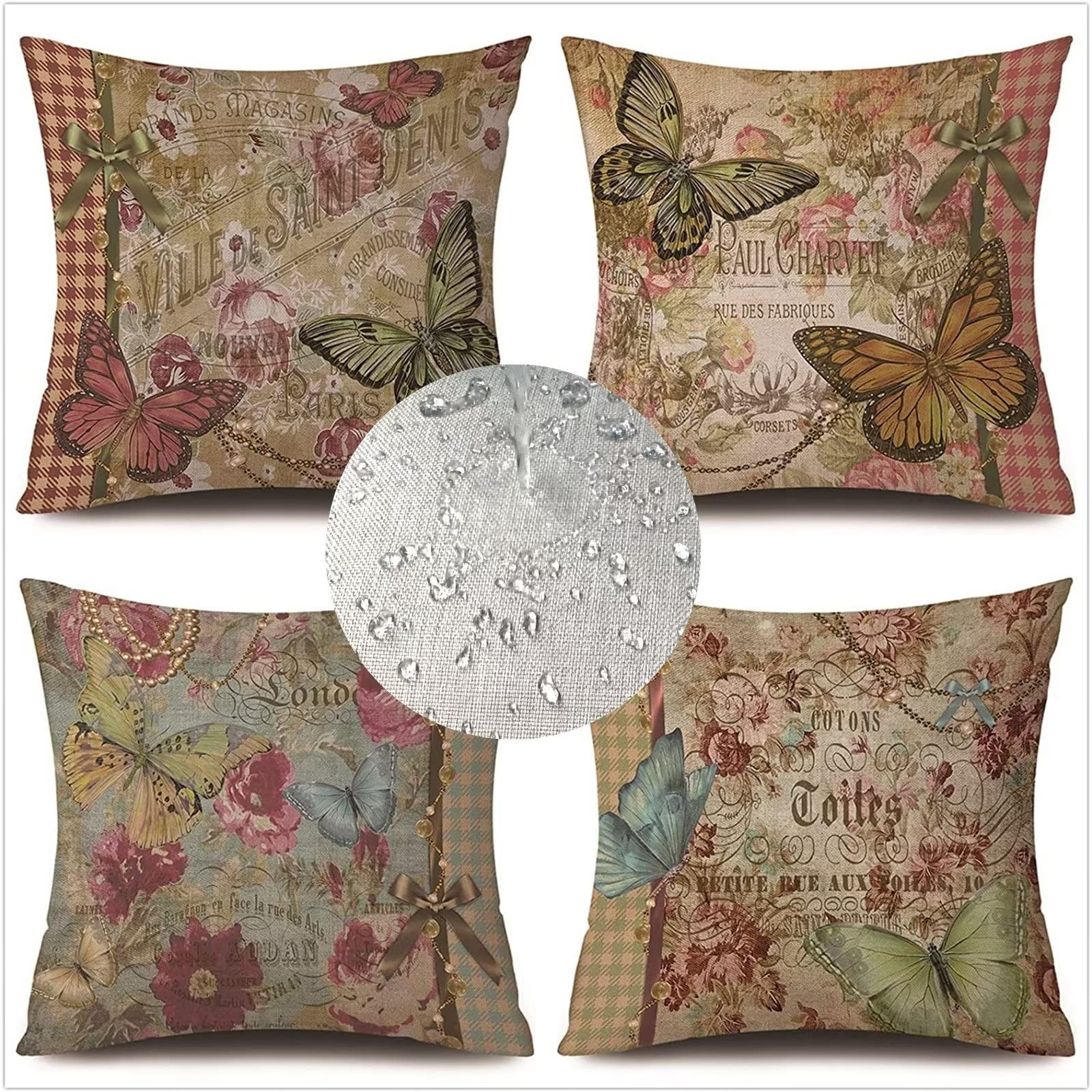 Retrò Federe Cuscini Divano 40 x 40 impermeabile, 4 pezzi 65x65cm Farfalla Cuscino Decorativo per Esterni Cuscini Divano con Zip invisibile, per Cuscini per Divano Giardino Esterni Decor Regali Z-4447
