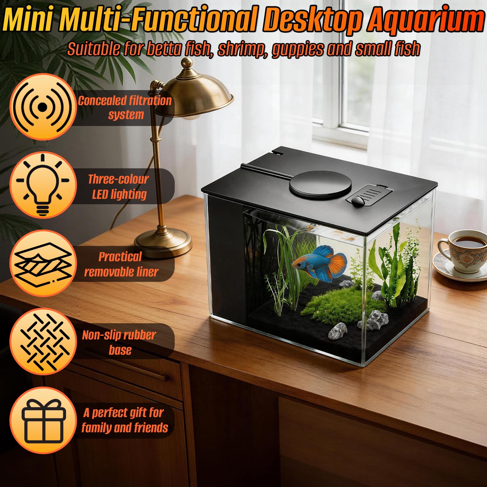 Mini acuario acrílico de 3,7 l con bomba de filtro, iluminación LED, pequeño acuario Betta, juego completo para peces pequeños, gambas y plantas (negro)