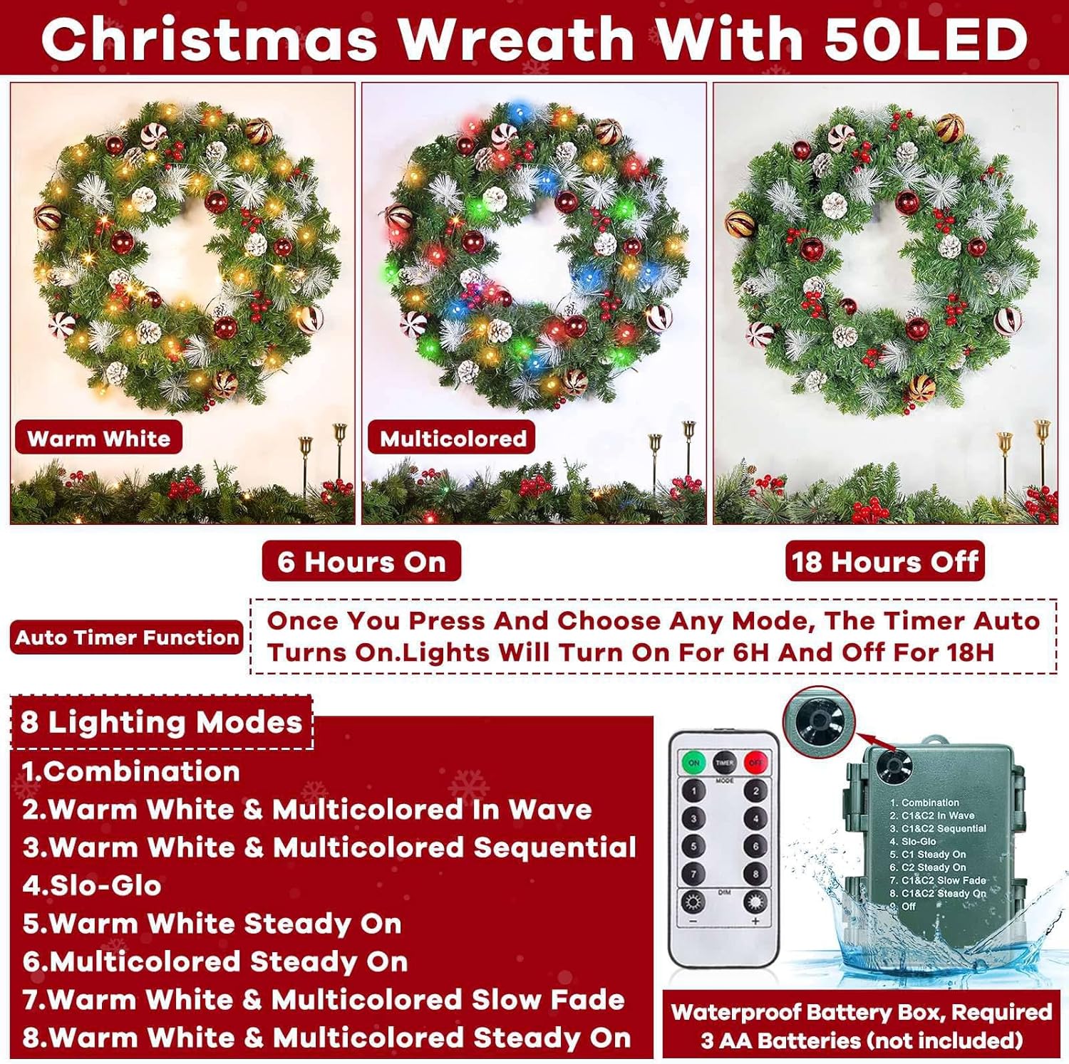 Remote Control - 24 Inch Prelit Christmas Wreath for Front Door, Real Touch Christmas Wreath with Lights, Dual Color, Nowy Pine Branch Pinecone Berry Cluster Balls for Door Windows Wall Outdoor Decor