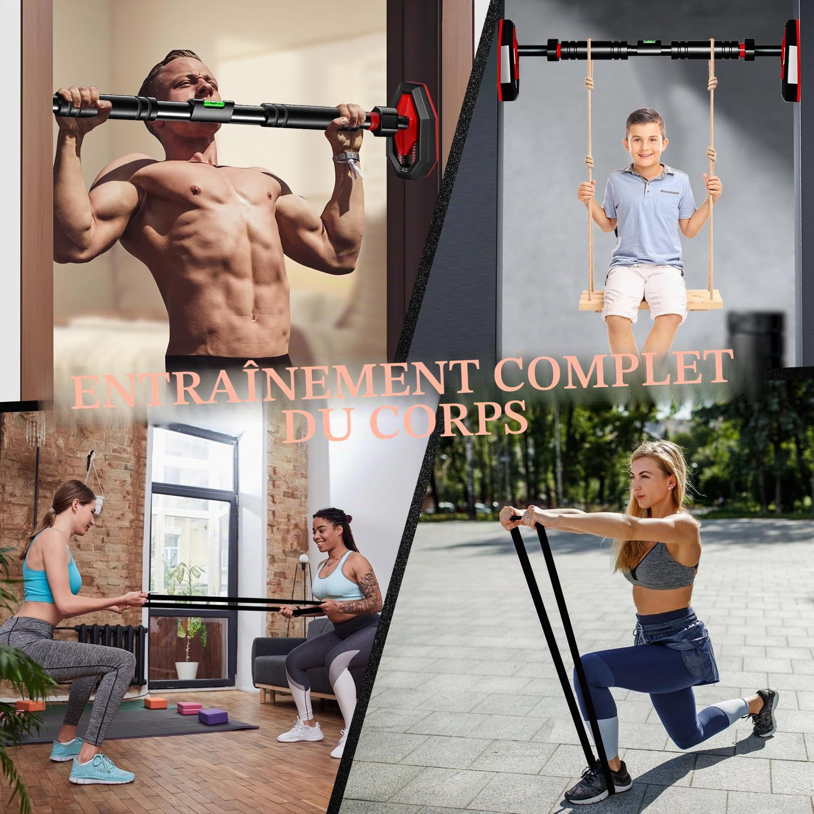 Barre de traction pour cadre de porte - Installation sans vis, réglable de 76-100cm, charge maximale 200kg - Barre de traction et de poussée multifonctionnelle pour gym à domicile et fitness
