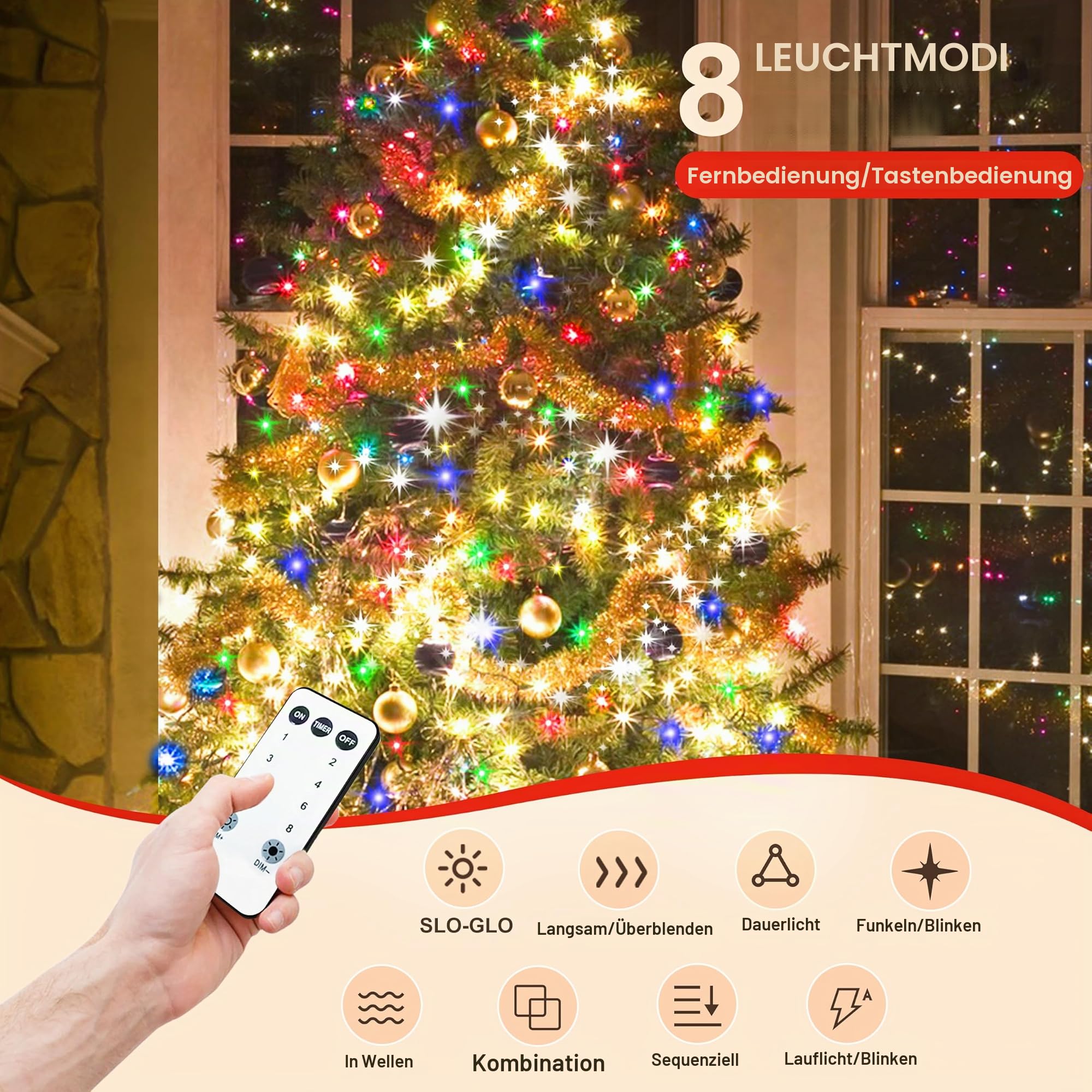 Christbaumbeleuchtung mit Ring 3m, ANEEWAY 480LEDs Weihnachtsbaum Lichterkette mit 16 Stränge Tannenbaum Lichterkette Speicherfunktion Weihnachtsbeleuchtung Lichternetz für 2.5m-3.4m Baum, Mehrfarbig