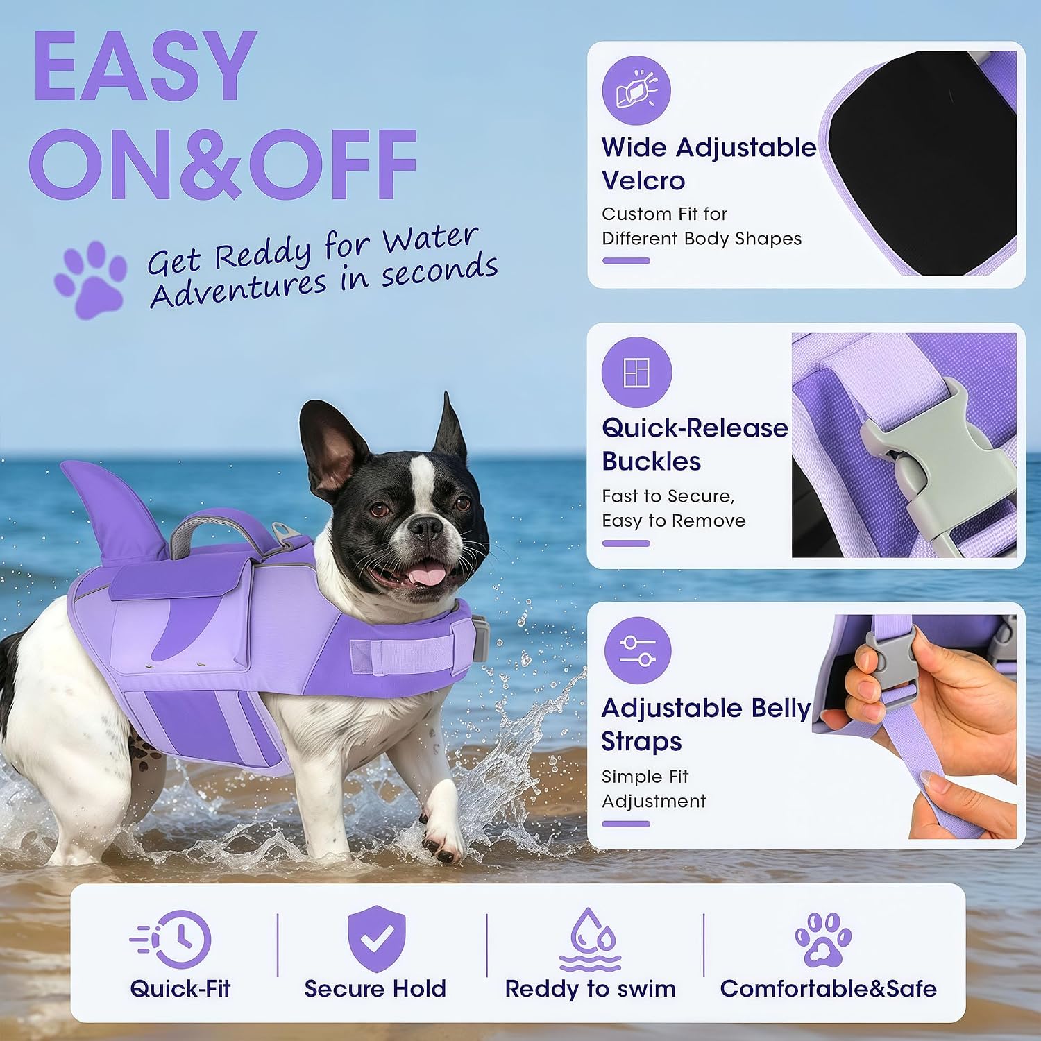 Dogcheer Shark Dog Life Jacket, High Buoyancy Dog Life Vest with Removable Foam Panels, Rescue Handle & Reflective Stripes, Dog Swimming Vest for Swim-Loving, Beginner, Senior & Weak Dogs, Purple XL image 5