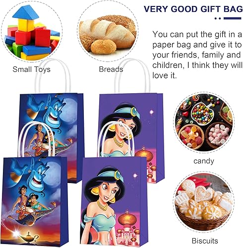 Miniatura 4 de 16 bolsas de regalo de papel para fiesta de Aladino y Jazmín, 2 estilos de bolsas de recuerdo de fiesta con asas para decoraciones de fiesta de