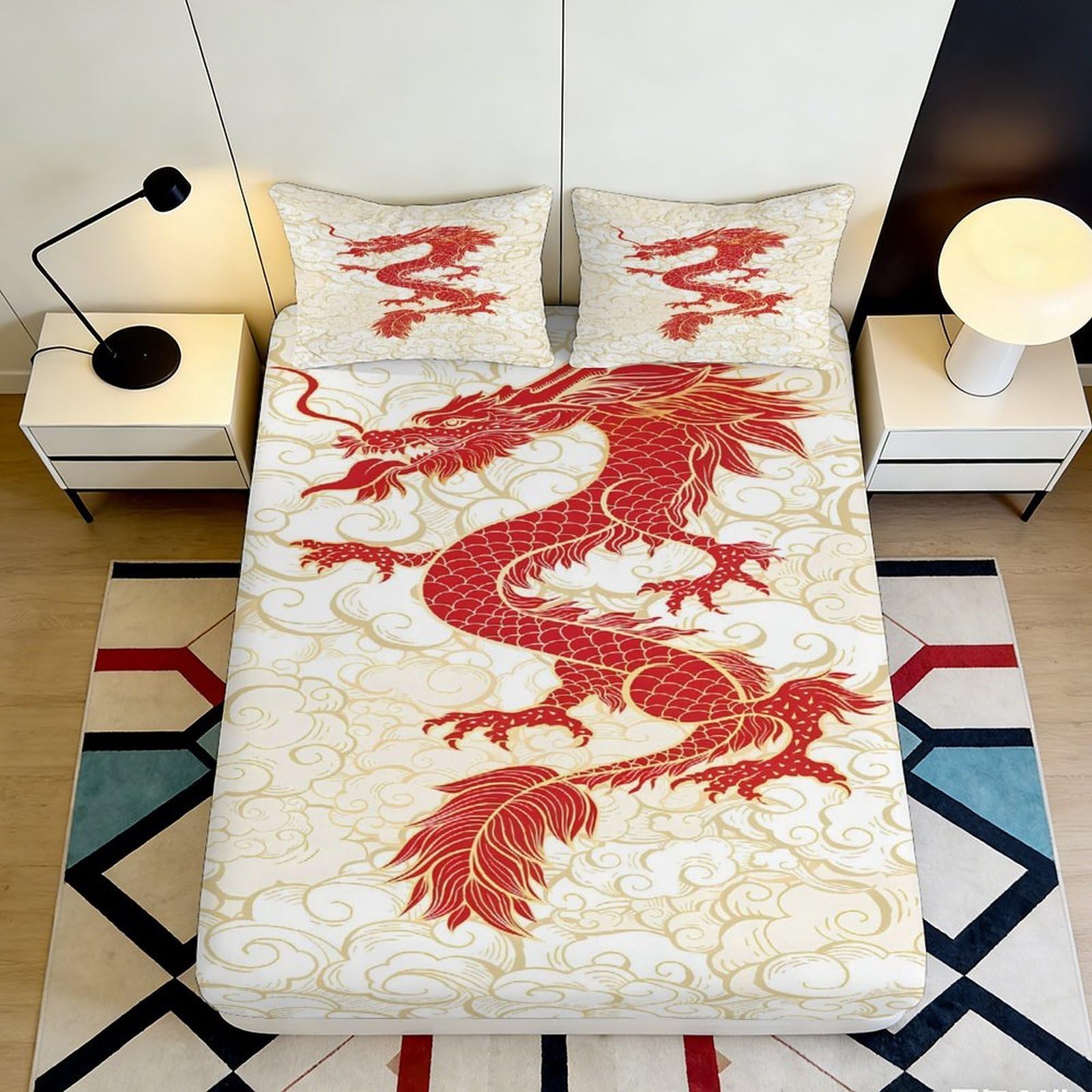 3D Printed Red Dragon Fitted Sheet Microfiber Soft Breathable Cloud Pattern Bed Cover for Bedroom Dormitory Guest Room Mattress Protection Decor 180x200x25cm