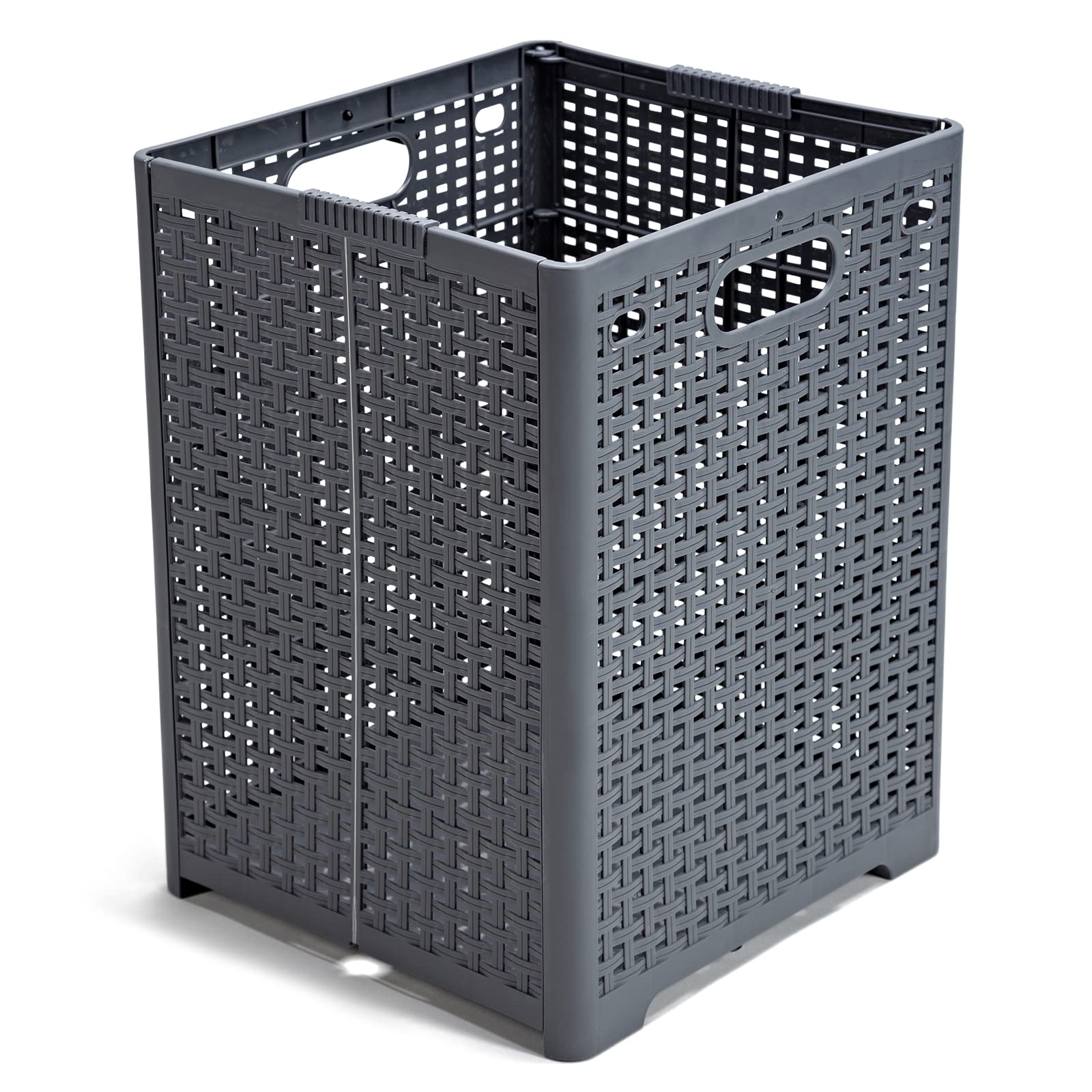 SAMMART 42L - Cesto portabiancheria, in plastica, pieghevole, con 3 manici, portatile, salvaspazio (1, bianco/grigio scuro