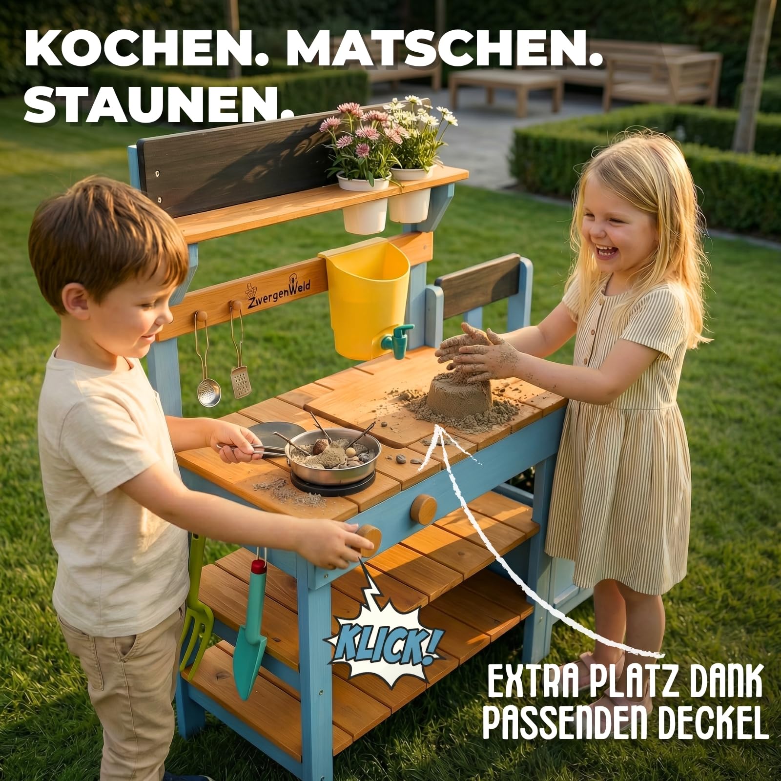 Matschküche Kinder Outdoor mit Wassertank & Spülbecken, mit Pflanzkasten, Mud Kitchen Holz, Spielküche Outdoor Höhenverstellbar, Matschtisch Kinder, Kinderküche Holz Wetterfest