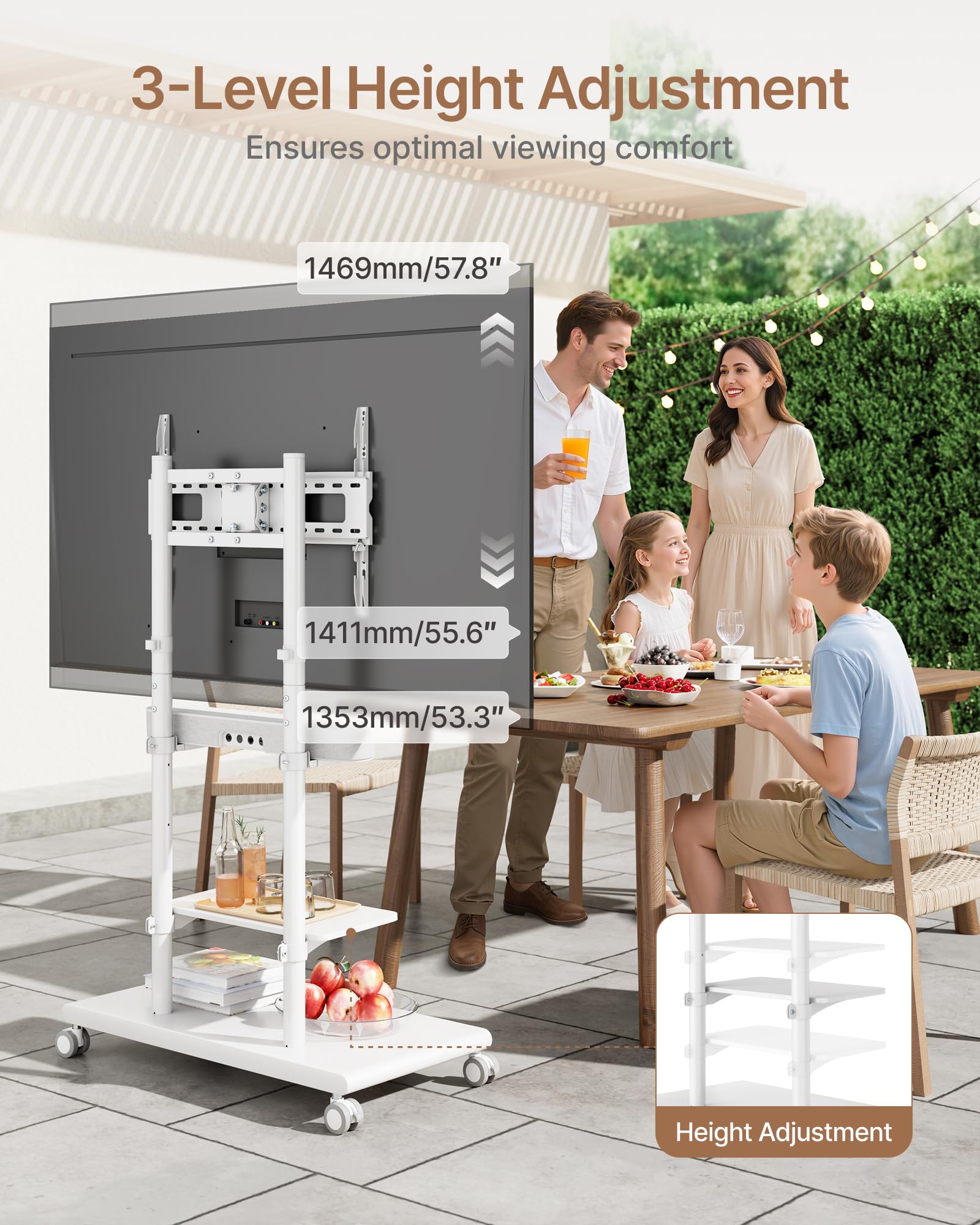 Base in acciaio mobile per TV con supporto soundbar per TV da 50-90 pollici fino a 69,9 kg, girevole e inclinabile, con ampio spazio di archiviazione, carrello per TV resistente regolabile in