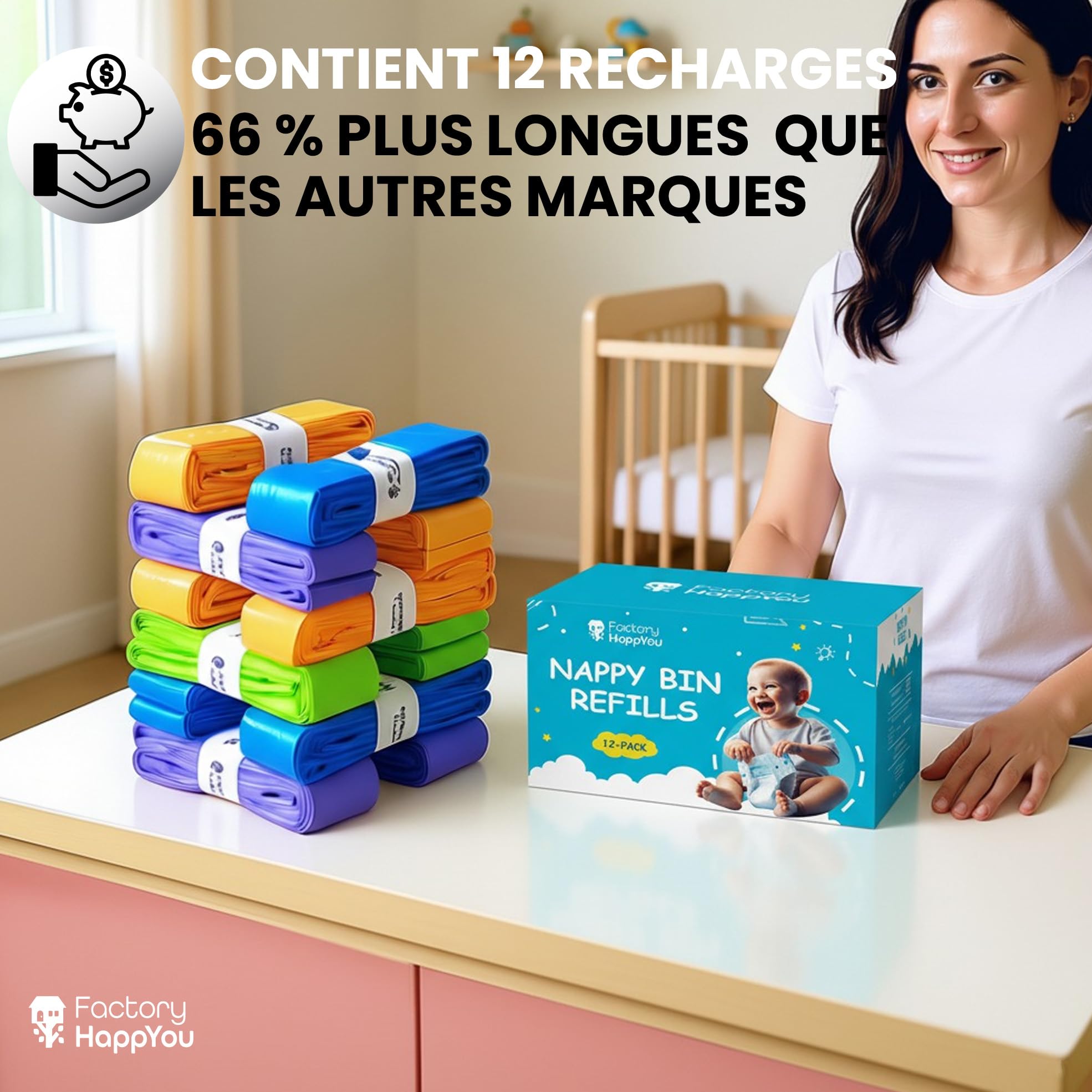 Factory HappyYou® – Pack XXL de 12 recharges poubelle couche bébé de 7,5 mètres compatibles avec poubelle à couche Tommee Tippee et Angelcare – Anti-odeur – Sans BPA – Recyclable