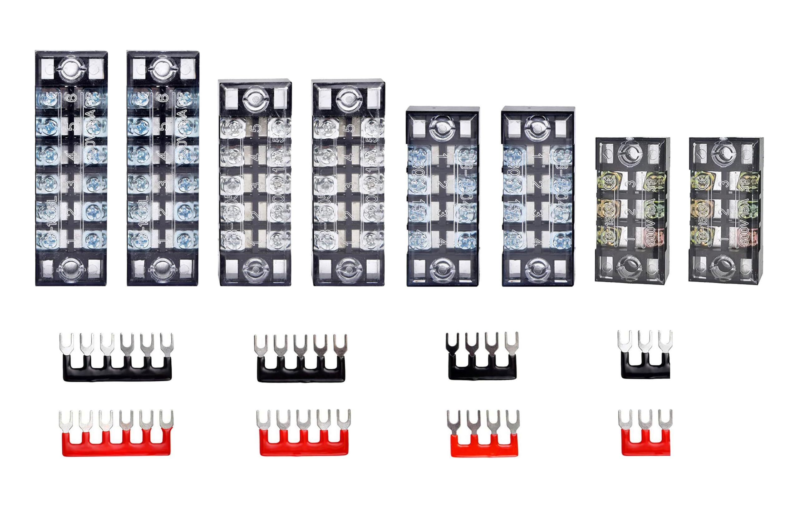 8 Pezzi Morsettiera a Vite a Doppia Fila Morsettiera 3/4/5/6 Posizioni 600V 15A+8 Pezzi Terminali Preisolati,Blocchi Connettori Elettrici con Copertura Protettiva,Rossa e Nera