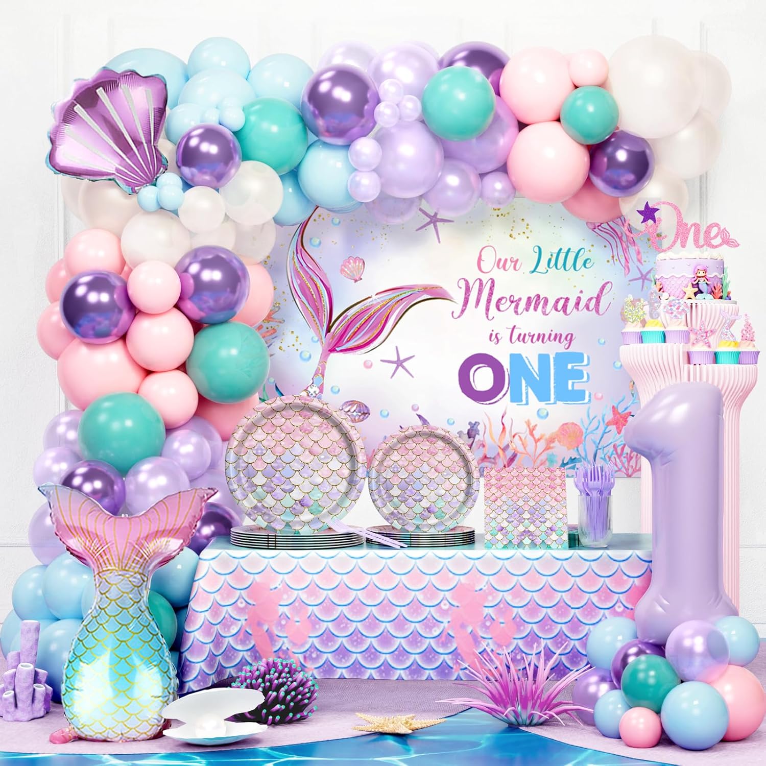 Mermaid 1st Birthday Party Decorations Kit, One-der the Sea Party Supplies with Tableware, 207 PCs Mermaid Birthday Decorations Set for One Year Old Girl