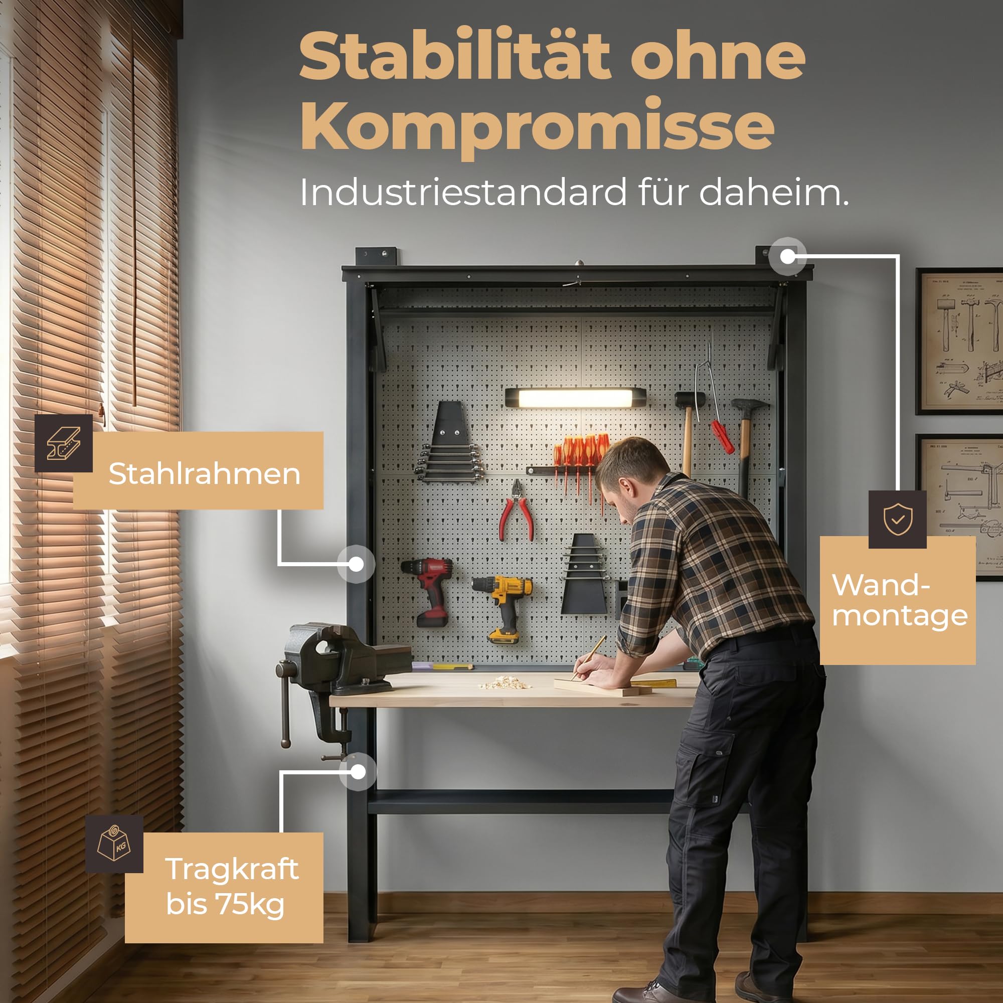 Werkbank für Werkstatt [abschließbar] 75kg Tragkraft, kompakter Arbeitstisch klappbar & höhenverstellbar, LED-Licht & Steckdosenleiste | Stahl-Werkzeugbank für smarte Werkstatteinrichtung