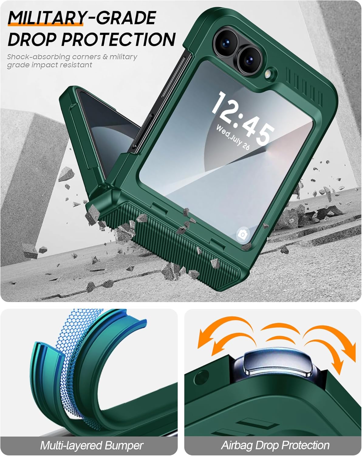 Vizvera for Samsung Galaxy Z Flip 6 Case with Hinge Protection, Built-in Screen Protector Shockproof All-Inclusive Phone Cover for Z Flip 6/Z Flip 7 FE-Alpine Green