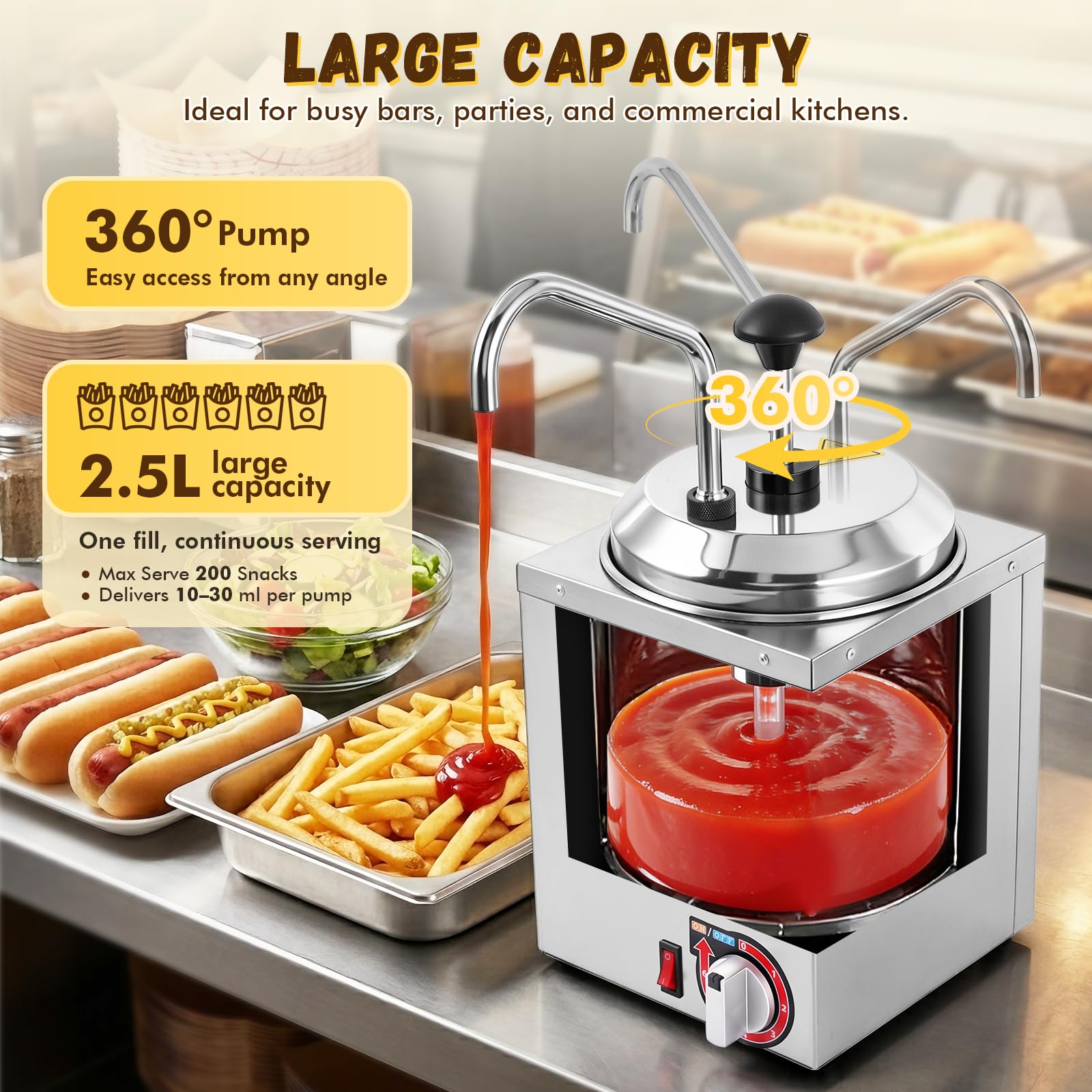 YJINGRUI Elektrischer Saucenspender, 2.5L/600W, 304 Edelstahl, 6 Temperaturstufen (30-85°C), 2 Bürsten, Commercial saucenwärmer mit spender für Ketchup, heiße Schokolade, Karamell