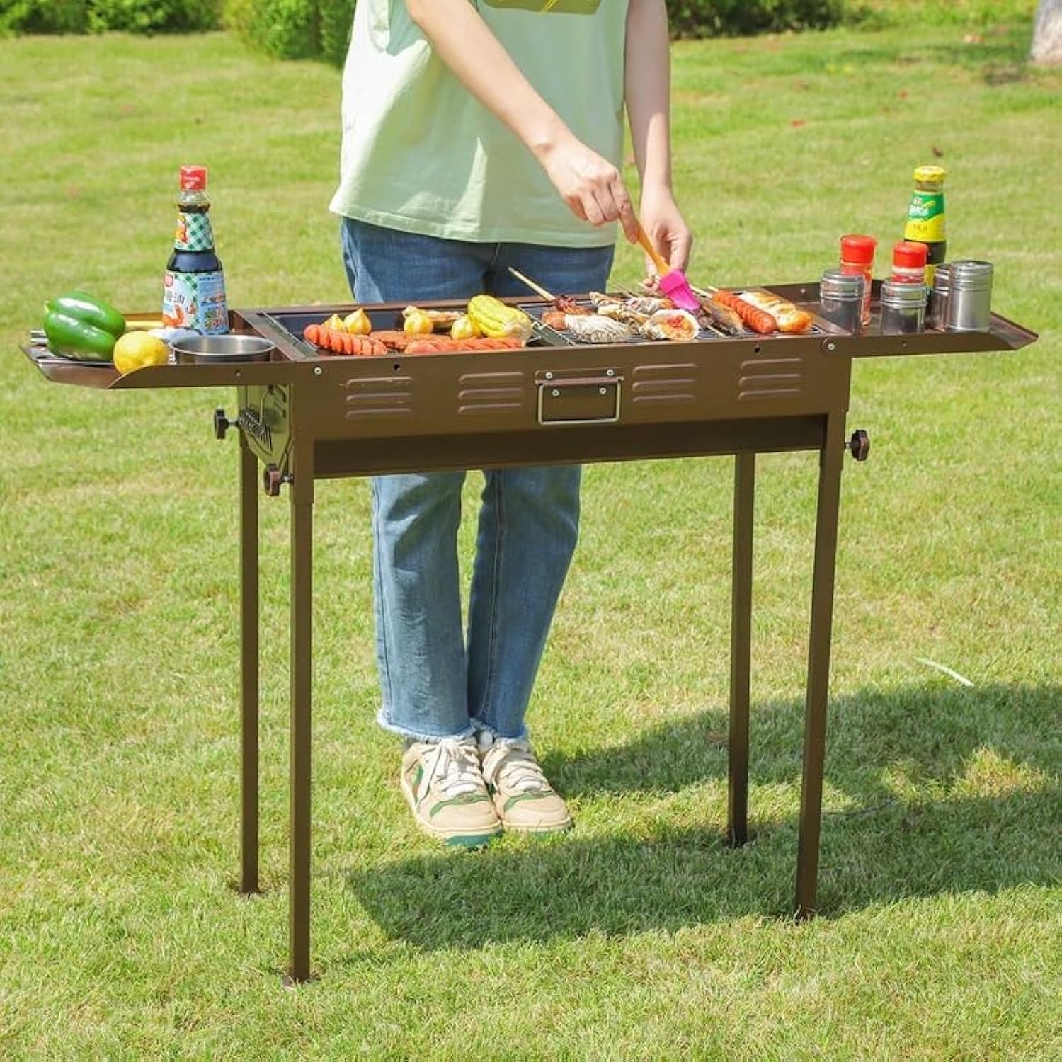 VIO® Barbecue Grill Stainless Steel Charcoal Grill Foldable Durable Outdoor Household Camping BBQ Smoker for Outdoor Cooking Picnic Patio Backyard Camping Cooking (Large 70 * 70 * 30CM)