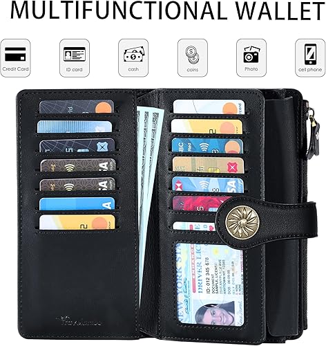 Miniatura 4 de Travelambo Cartera de mujer con bloqueo RFID triple embrague de gran capacidad para tarjetas de crédito, monedero de viaje