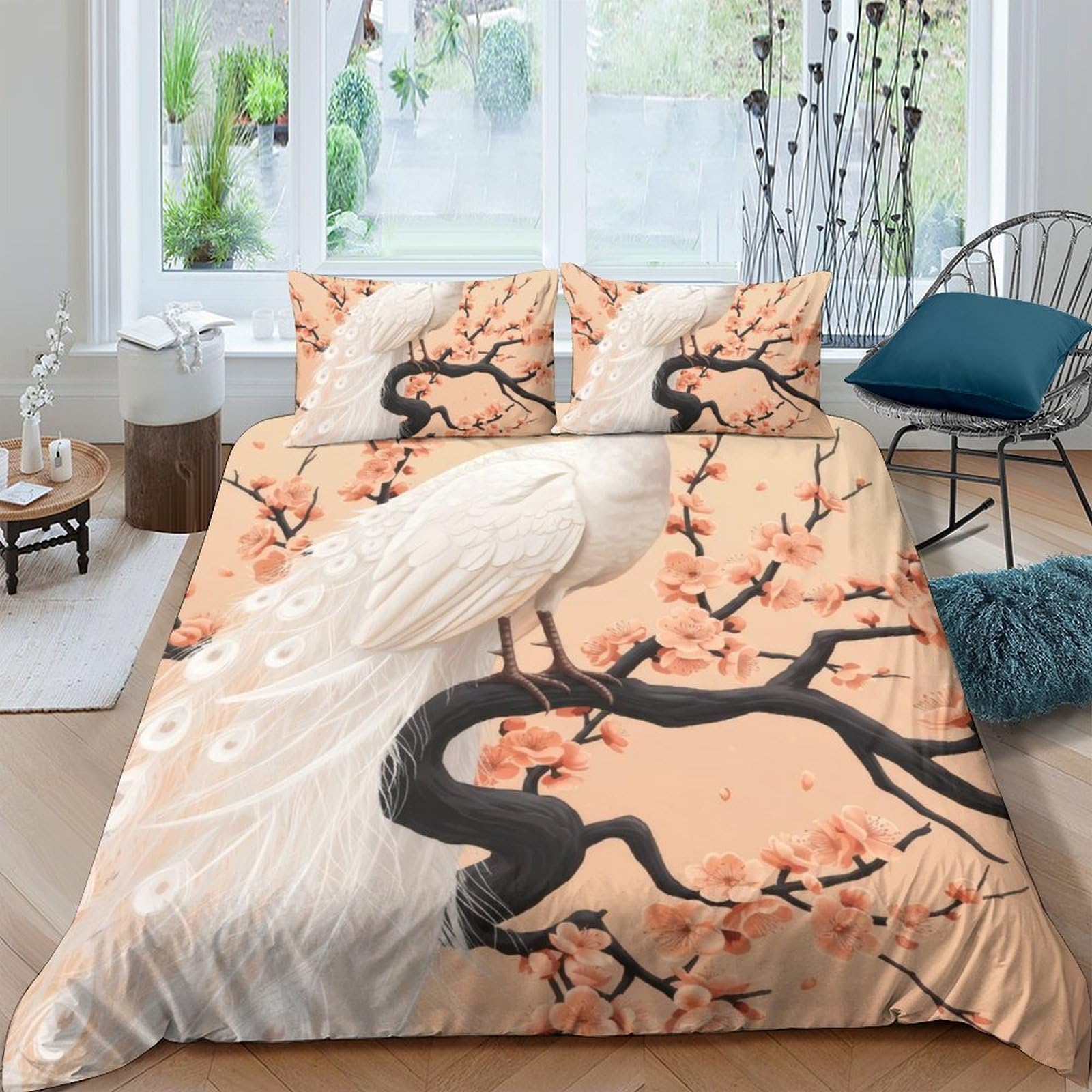 Ctjqhvkz Style-3 3D Printed White Peacock Fitted Sheet Microfiber Soft Peach Blossom Mattress Cover For Bedroom Guest Room Decor Single（135X200cm）