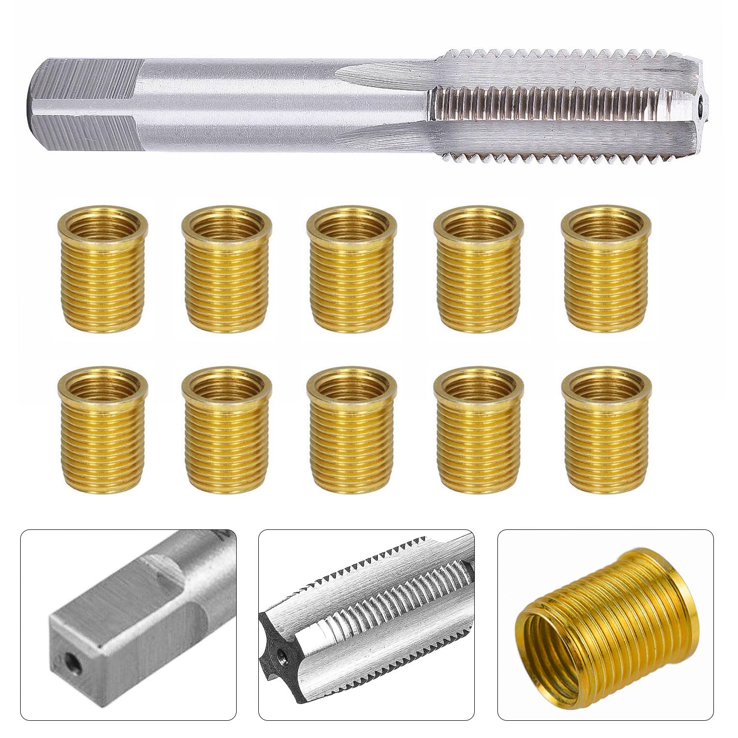 10 Pezzi Attrezzo per la Riparazione del Foro Filettato della Candela, M14 × 1.25 mm, con Rubinetto, in Metallo, per Motori a Benzina, Generatori, Motori Diesel (Oro)