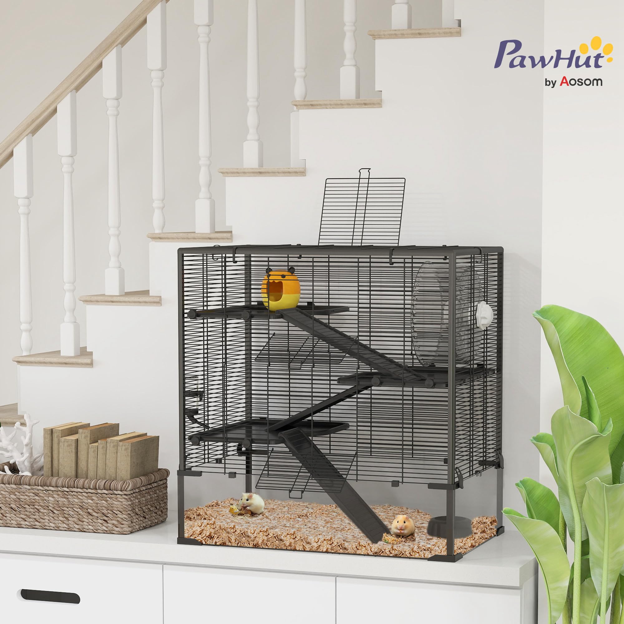 PawHut Hamsterkäfig für Zwerghamster 4-stufig Schwarz 78,5 x 48,5 x 80 cm | Kleintierkäfig mit Glasboden, Hütte, Nagerkäfig mit Laufrad, Rampen, Zwerghamsterkäfig mit Futterschale