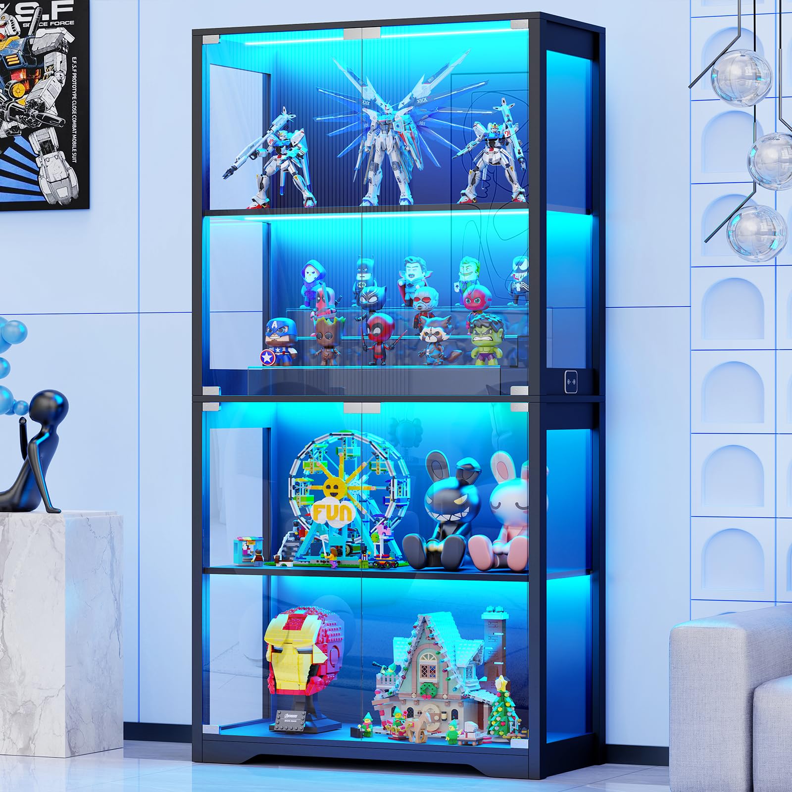 BROTTAR Beleuchtete Glasvitrine mit LED Sensor, moderner Vitrinenschrank & Standvitrine, 4 Etagen Sicherheitsglas Vitrine für Lego, Figuren und Sammlungen, Schwarz