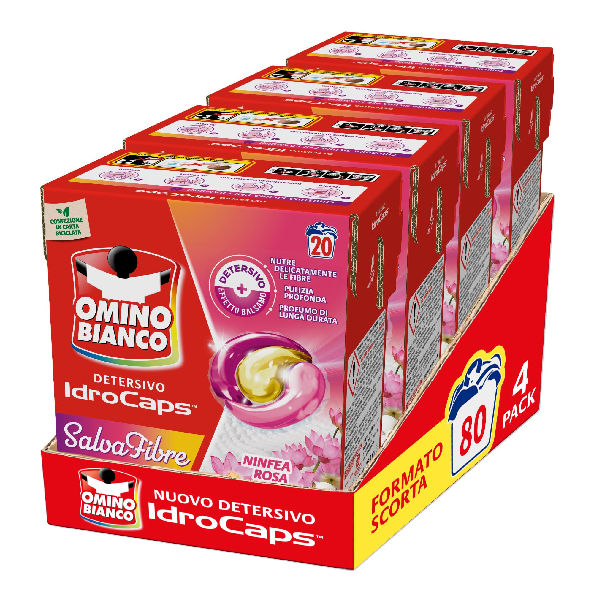 Omino Bianco Idrocaps - Detersivo Lavatrice in Capsule Salva Fibre, 80 Lavaggi, Efficace a Basse Temperature, Profumo Ninfea Rosa, 20 Caps x 4 Confezioni