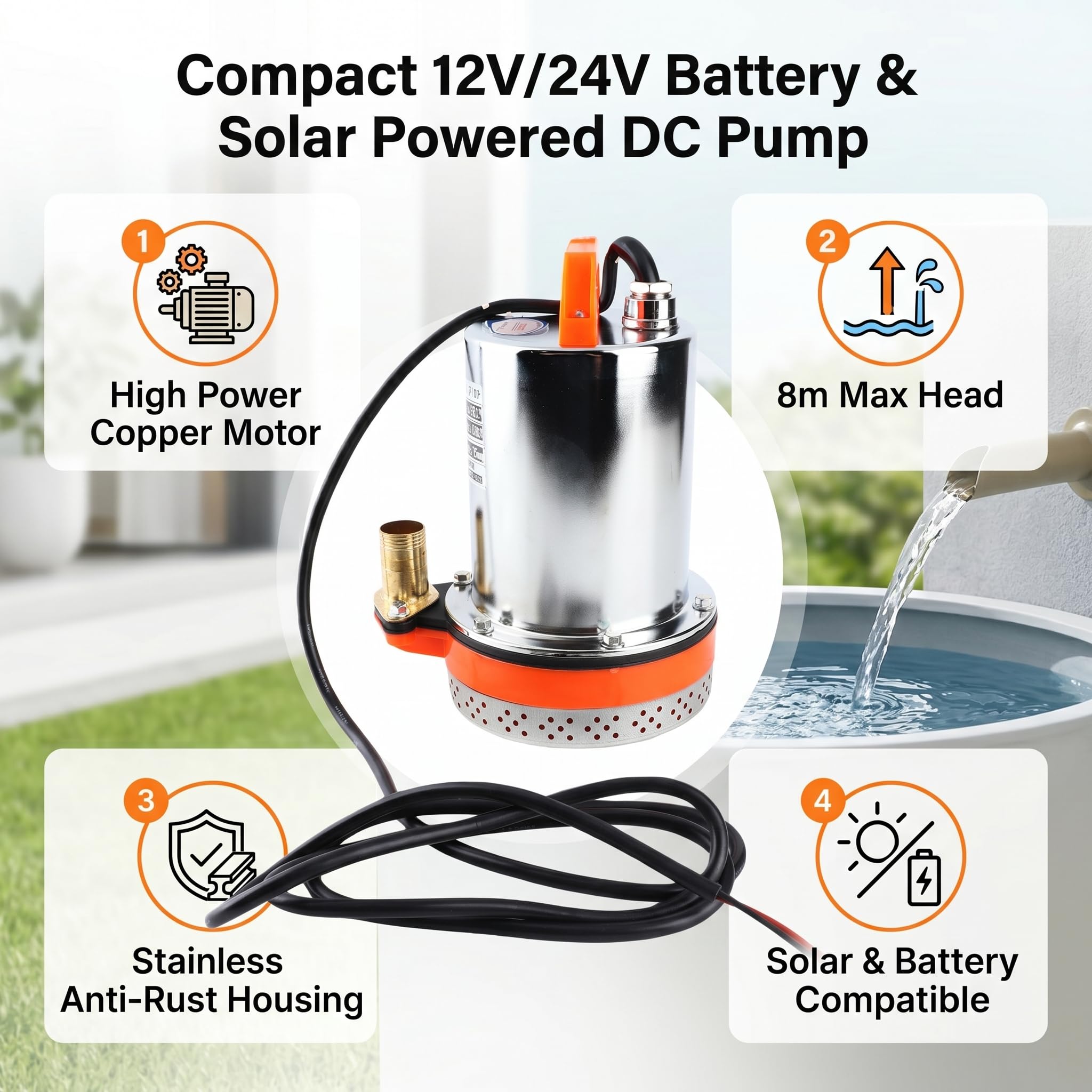 Pompa Sommergibile DC 12V Pompa Ad Acqua Solare Pompa Ad Acqua Sommergibile Solare a Piccola Batteria Ideale per Irrigazione, Acquacoltura e Drenaggio di Piscine, Sollevamento