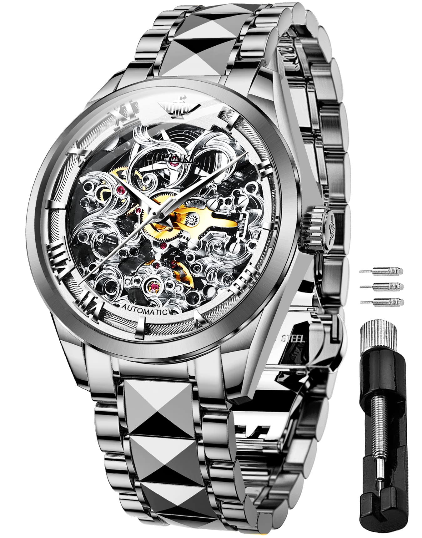 OUPINKE Gold Skeleton Watches for Men, Luxury Dress, Automatic Mechanical