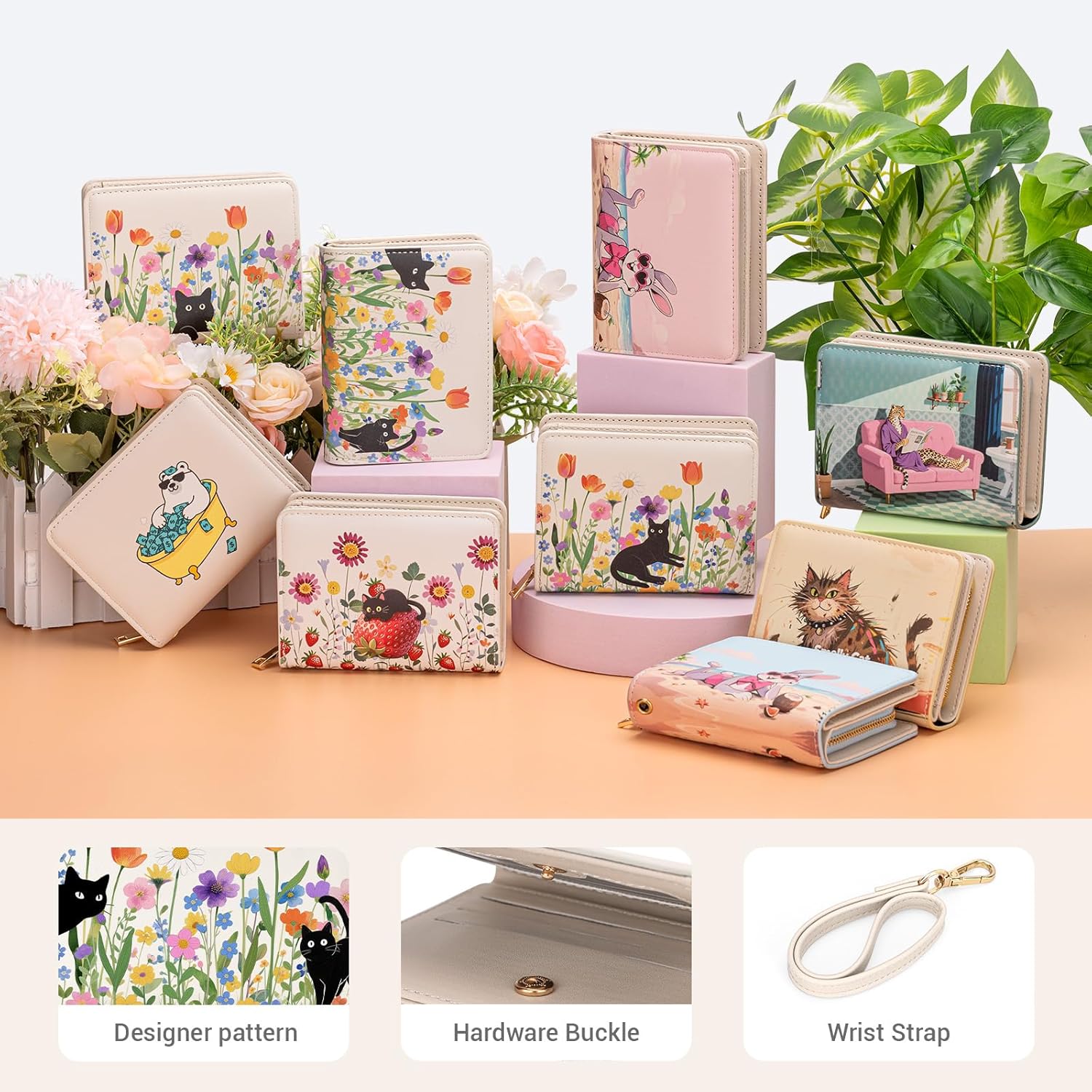 YINHEXI Small Wallets for Women with Credit Card Holder RFID Blocking Womens Wristlet Bifold Wallet with ID Window(Cat Flower-3) - Image 6