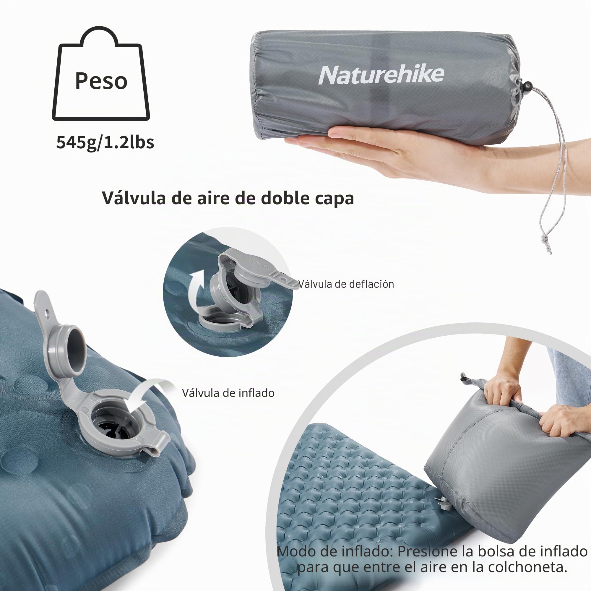 Naturehike Colchoneta para Dormir para Acampar con Valor R 3,5, colchoneta para Dormir autoinflable Ultraligera para Las 4 Estaciones, colchón de Aire Duradero con Bolsa Inflable L
