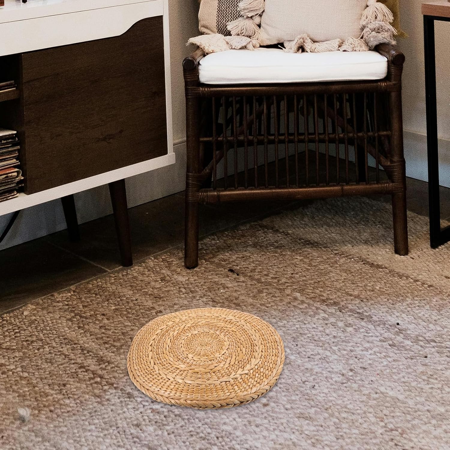 VALICLUD Japanese Style Round Tatami Floor Cushion Woven Straw Sitting Pad Breathable Woven Floor Pillow for Meditation Dining Bedroom Seating