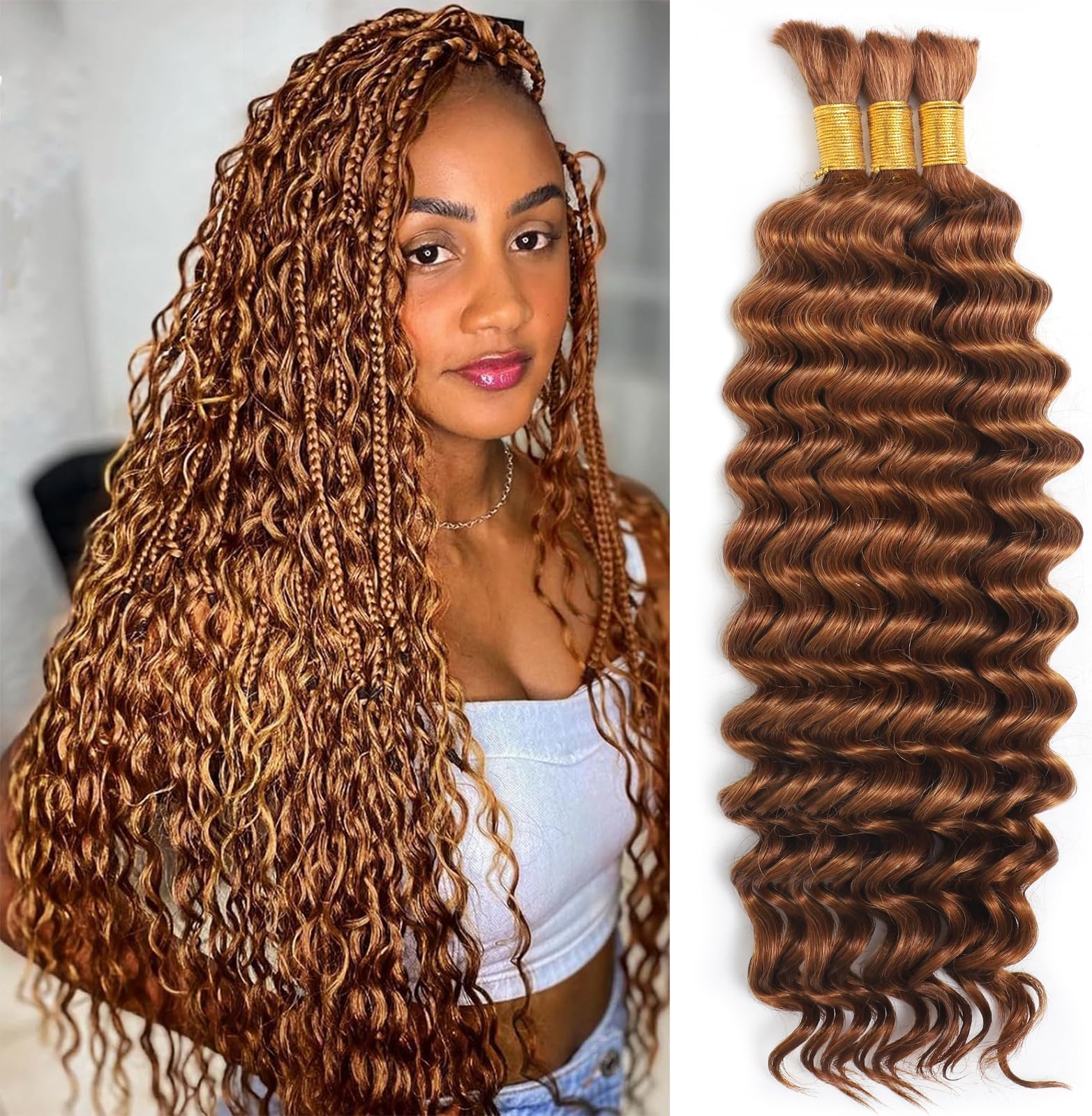 Human Braiding Hair for Boho Braids 110g Deep Wave Boho Bulk Human Hair for Braiding Knotless 12A Wet and Wavy Bohemian 3 No Weft Bundles/Pack Curly Braids Auburn Ginger 16 Inch