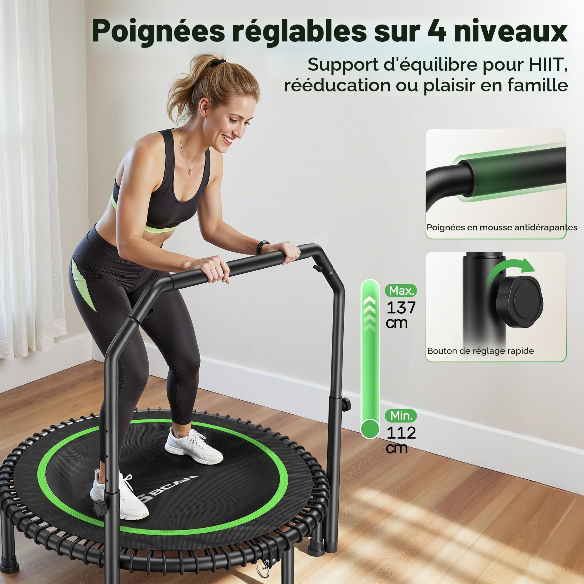 Trampoline BCAN 102/122 cm pour Adultes, capacité de Charge 204/250 kg, élastiques, poignée réglable, Stable, Silencieux, Utilisation intérieure/extérieure, entraînement Complet, détente à Domicile