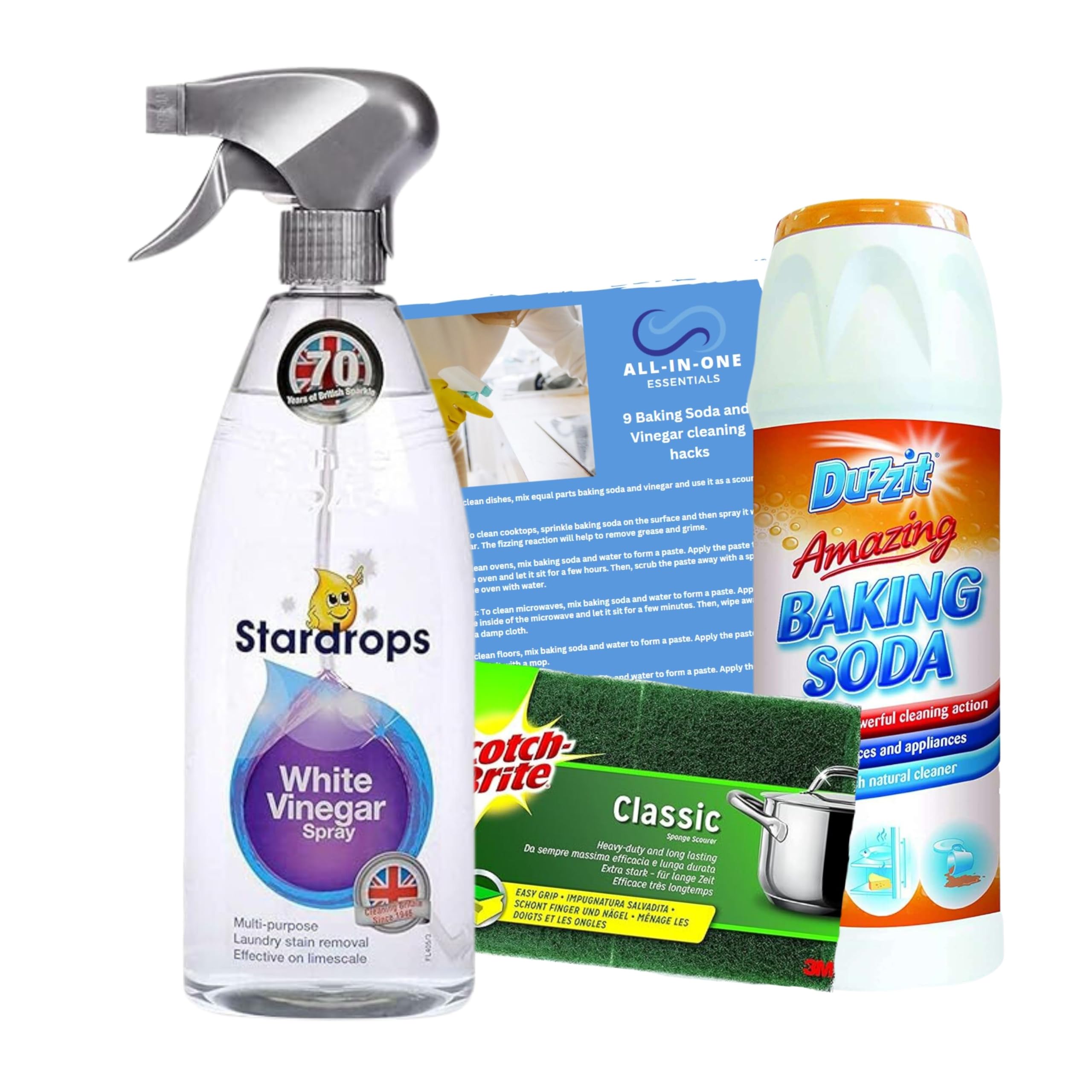 Multi Purpose Cleaning Bundle With Stardrops White Vinegar 850ml, Duzzit Baking Soda For Cleaning 500g, 2x Scotchbrite Sponge Scourer, and Oven, General & Carpet Cleaning Tips