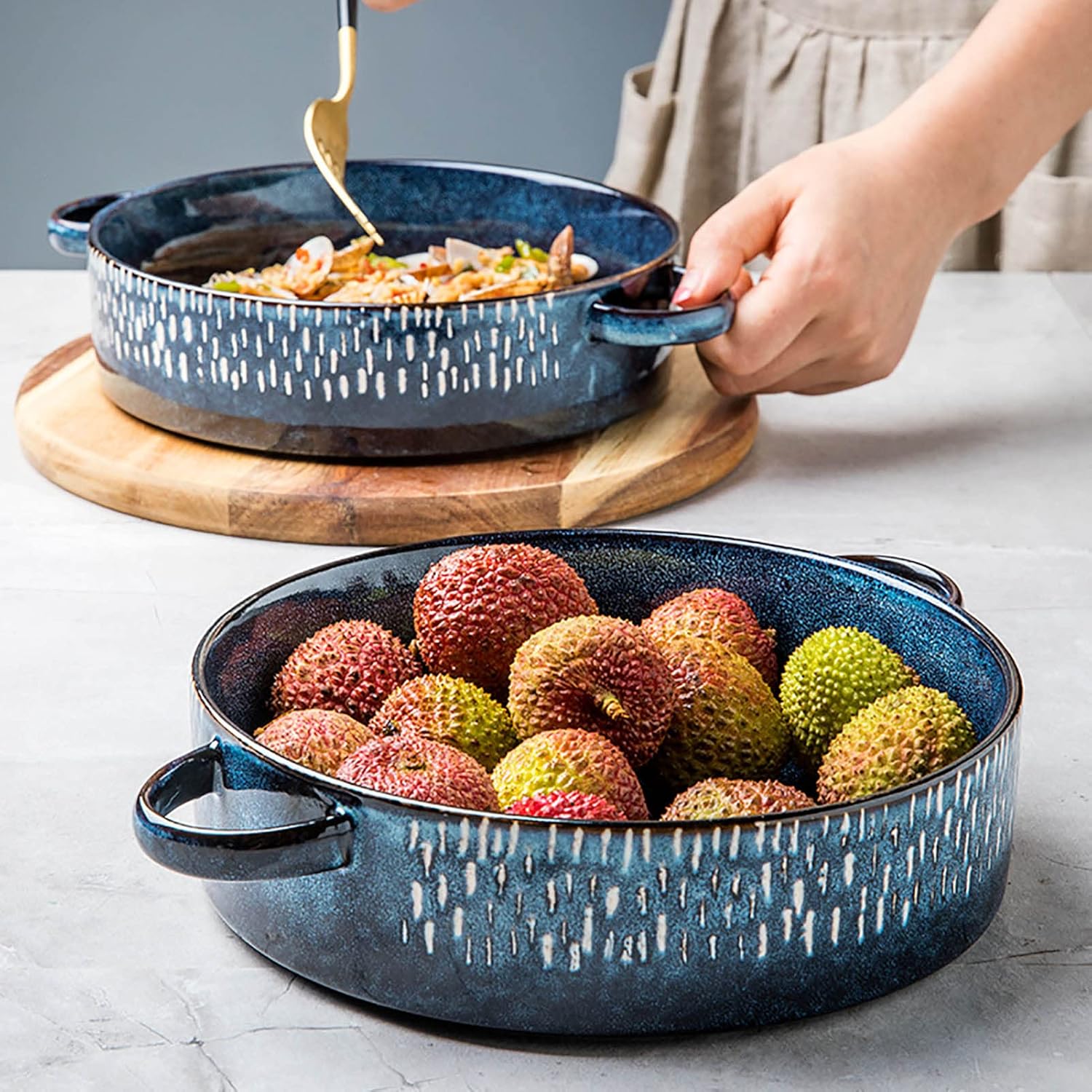 Blue Binaural Ceramic Serving Bowls, 7.5inch Japanese Style Cereal Bowls Salad Bowls Mixing Bowls for Family Home Kitchen