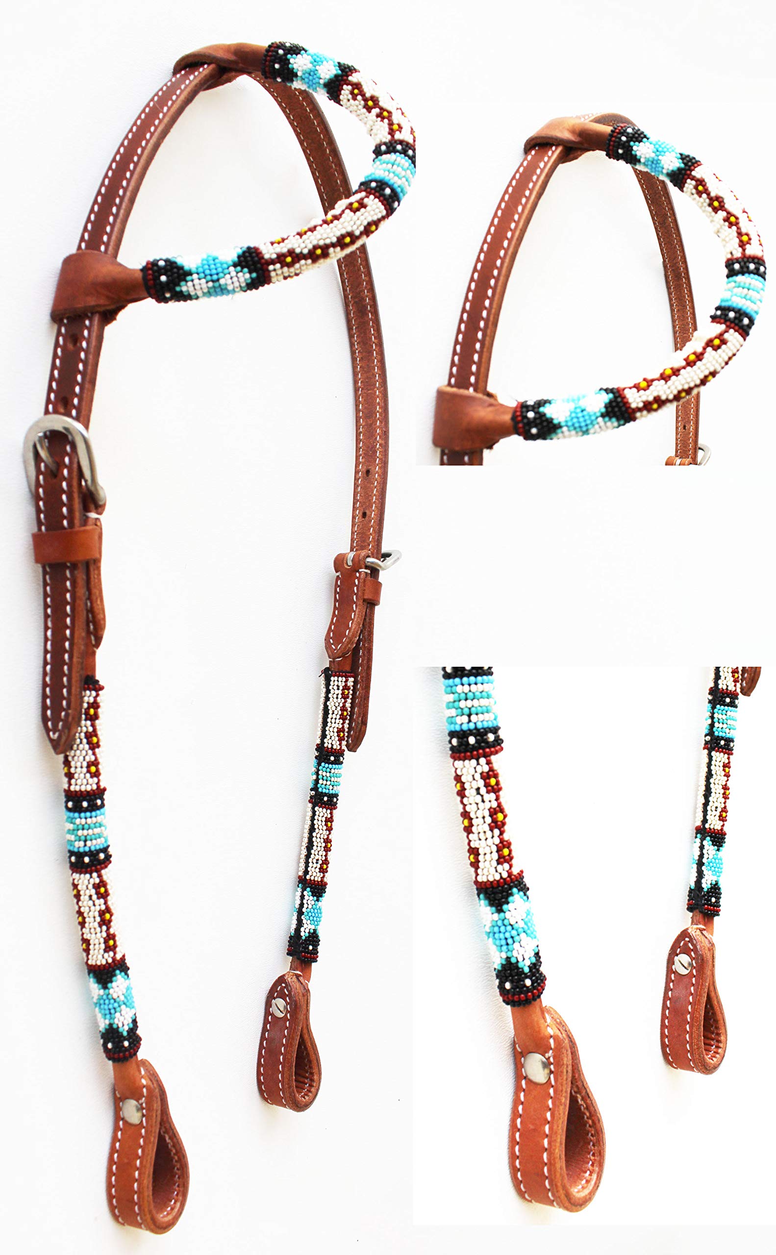 PRORIDER Horse Show Bridle Western Leather Headstall Beaded One Ear 79RT05HA