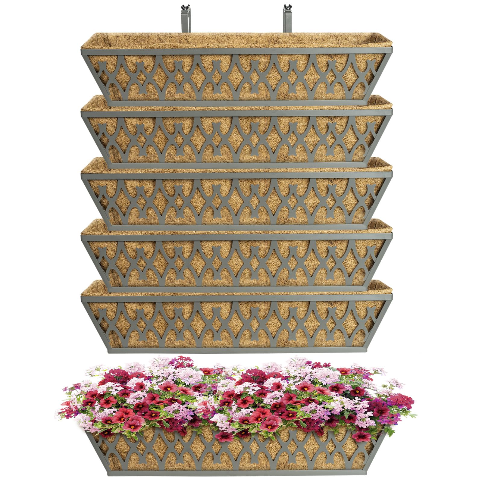 6 Pack 24 Inch Window Boxes Planters Railing Planter Box with Adjustable Brackets for Porch Fence Patio Balcony Hanging Flower Baskets with Coco Liners for Outdoor Garden Decor - Dark Grey
