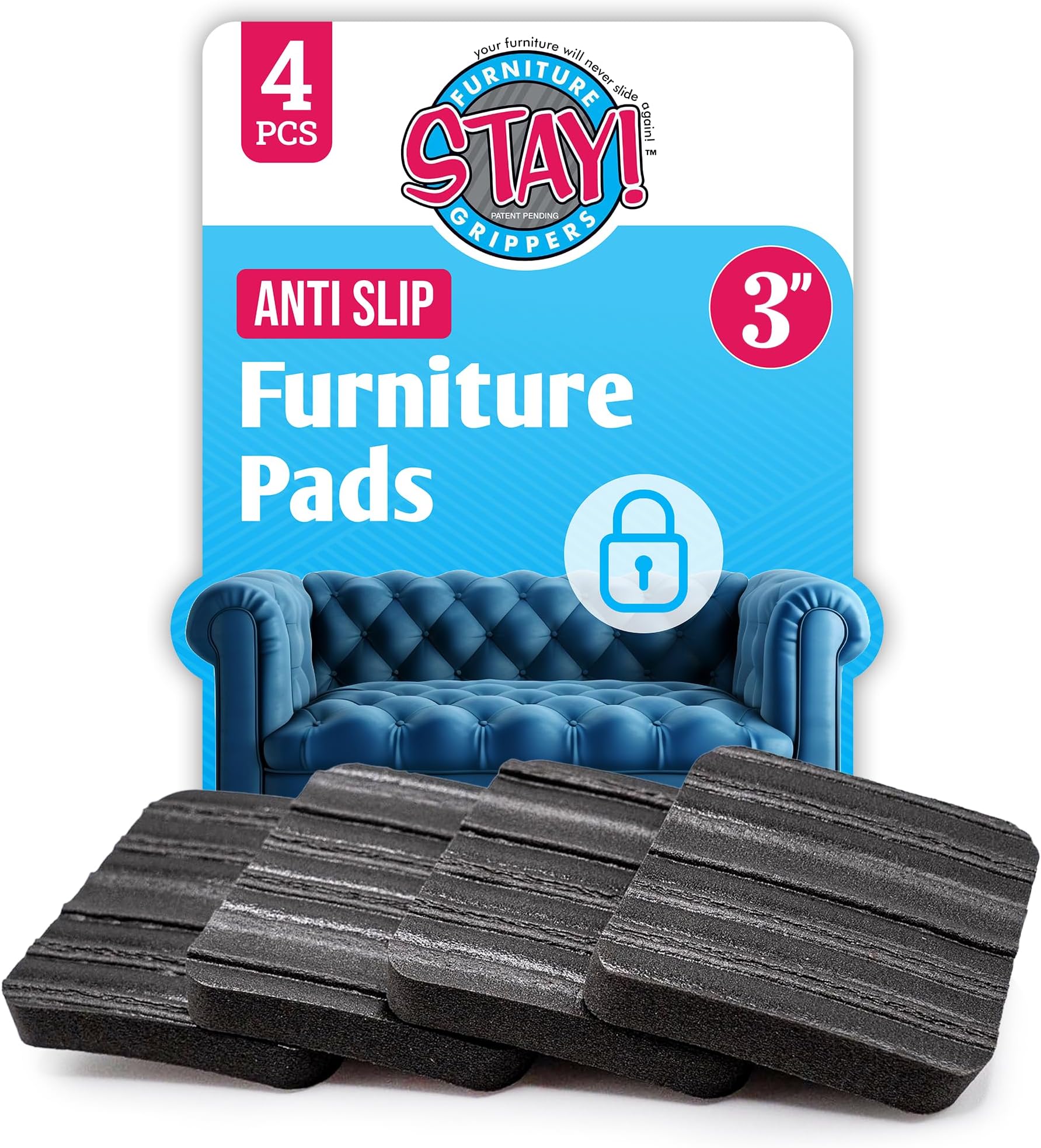 Stay! Anti Slip Furniture Pads (Set of 4) - Square Furniture Stoppers to Prevent Sliding for Hardwood Floors and Carpets - Non Skid Furniture Grippers - Table & Couch Leg Floor Protectors, 3 Inch