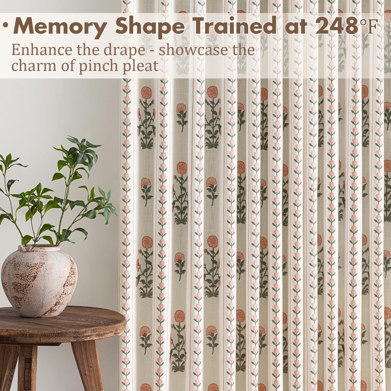 Flower Pinch Pleated Linen Curtains for Living Room Bedroom Dining Room, Light Filtering Memory Trained Luxury Block Print Pleat Drapes with Hooks, Pink & Beige White, 40" W x 96" L, 2 Panels