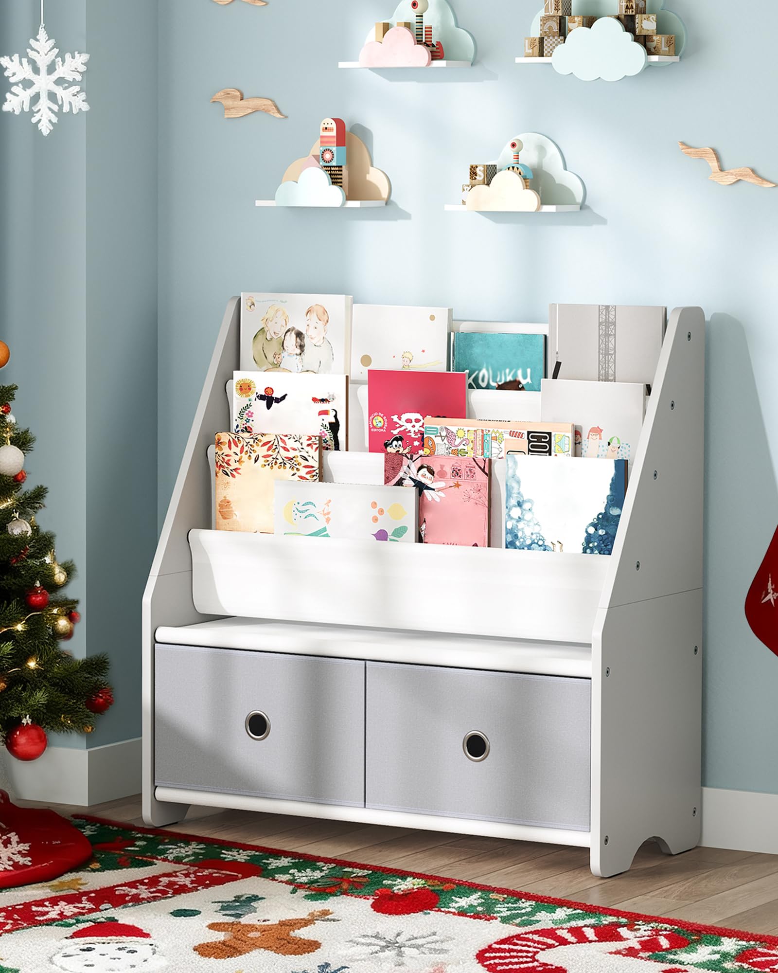 CHOEZON Kids Bookshelf and Toy Storage, 4 Tier Large Capacity Kids Book Rack, Sling Kid Bookcase, for Kids Room, Nursery, Playroom, White and Gray MCW06WT