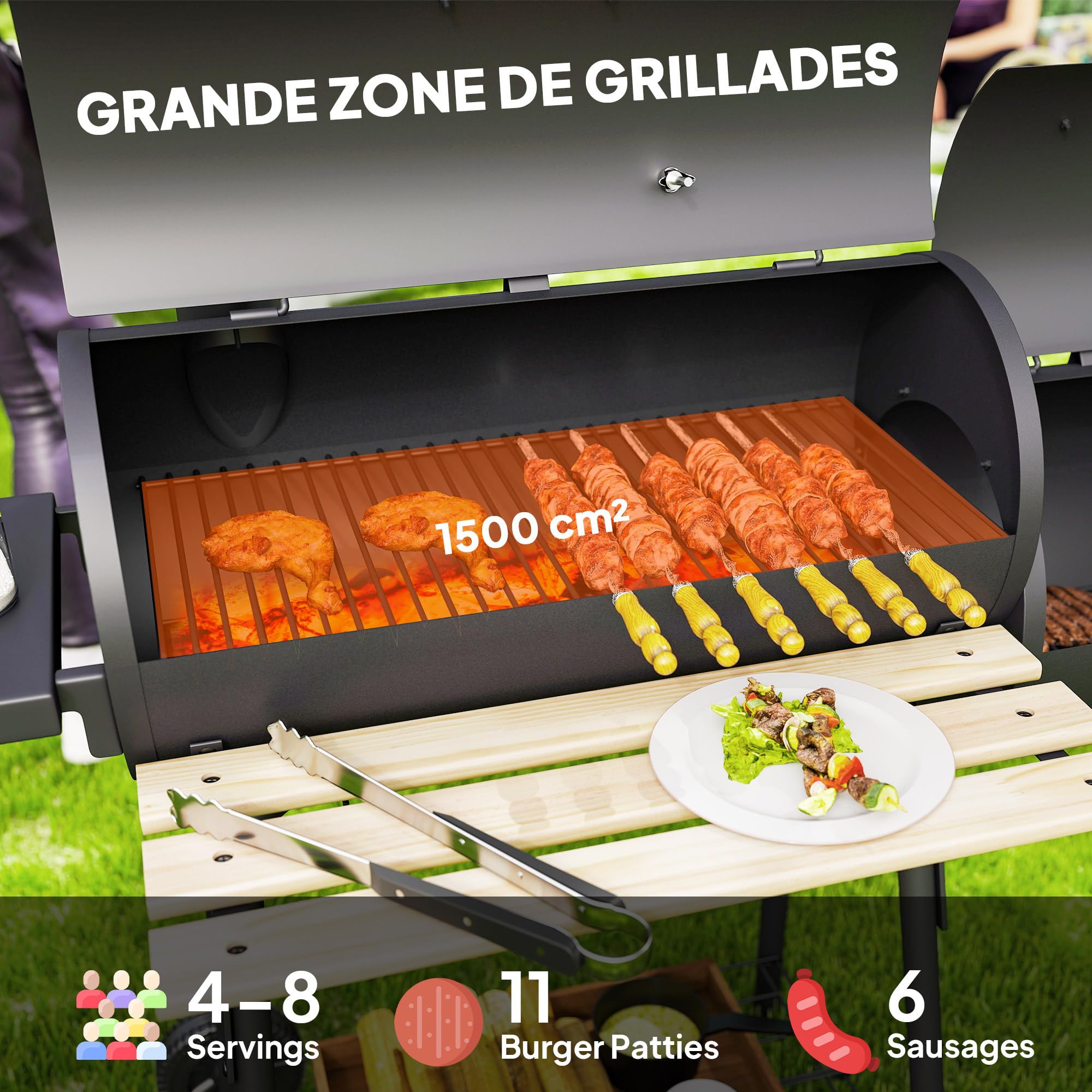 Outsunny Grill na węgiel drzewny grill wędzarniczy na stojąco z pokrywą, kółkami, termometrem, półkami ze stali walcowanej na zimno czarny