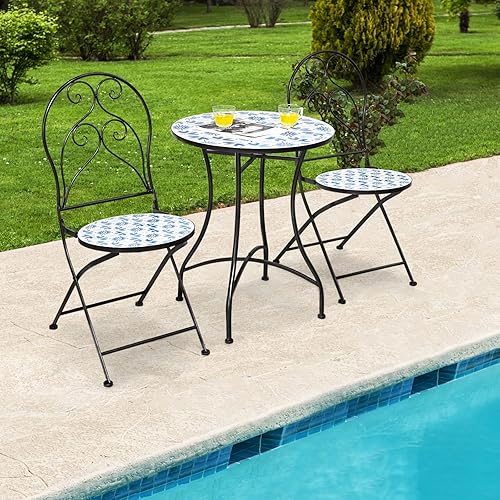 Miniatura 7 de Giantex 2 sillas plegables de bistró, sillas de patio de mosaico con asiento de azulejos de cerámica y exquisito patrón floral, sillas de comedor al