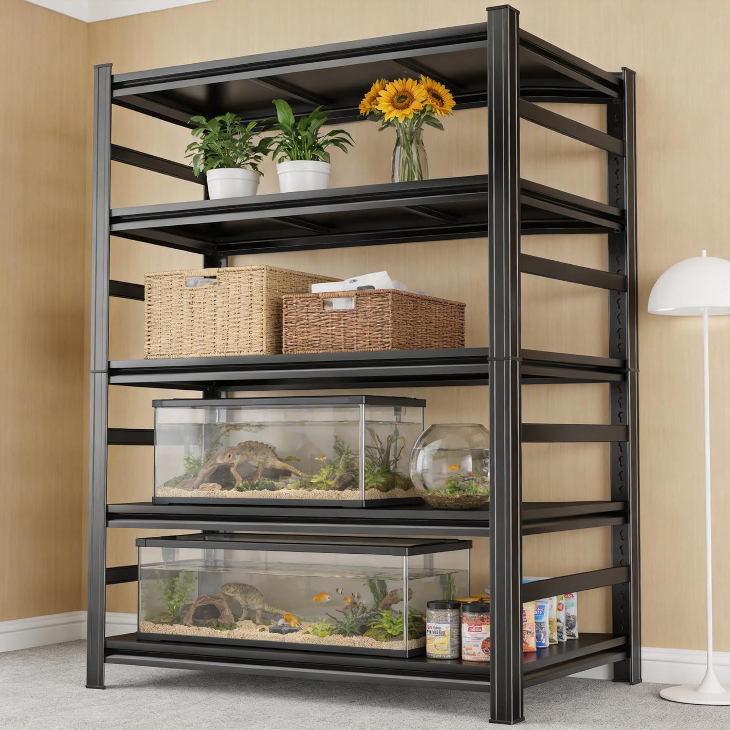 Metal Fish Tank Stand, 5-Tier Adjustable Aquarium Shelving with Side Rails for Reptile Terrariums Heavy Duty Storage Rack 3000 lbs Capacity, 35.4" L x 15.7" W x 71.2" H