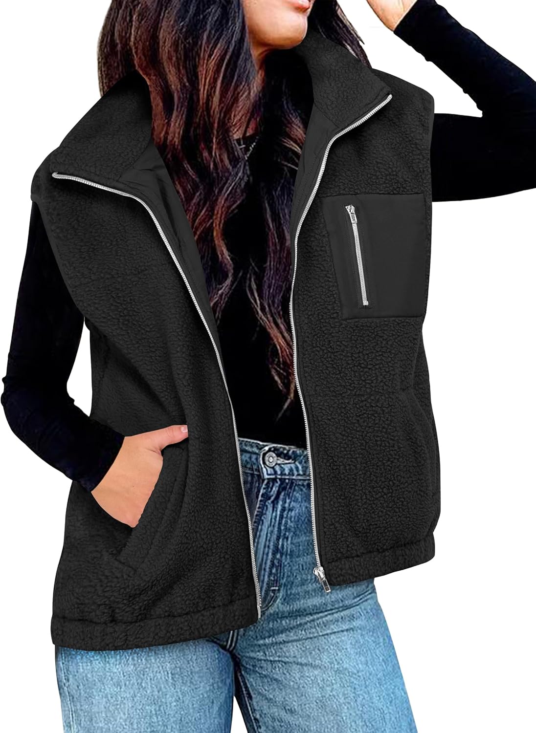 Womens Fuzzy Fleece Vest Oversized Sleeveless Sherpa Jacket Casual Warm Outerwear With Pockets Fall Fashion Clothes Black Medium