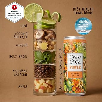 Grass & Co. Nootropics Drinks | Energy Drink with Vitamin B12, Shiitake Mushroom (1000mg), Holy Basil, Natural Caffeine & More | Liquid Power | Ginger & Lime | Low Sugar | Vegan | 12 x 250ml Cans