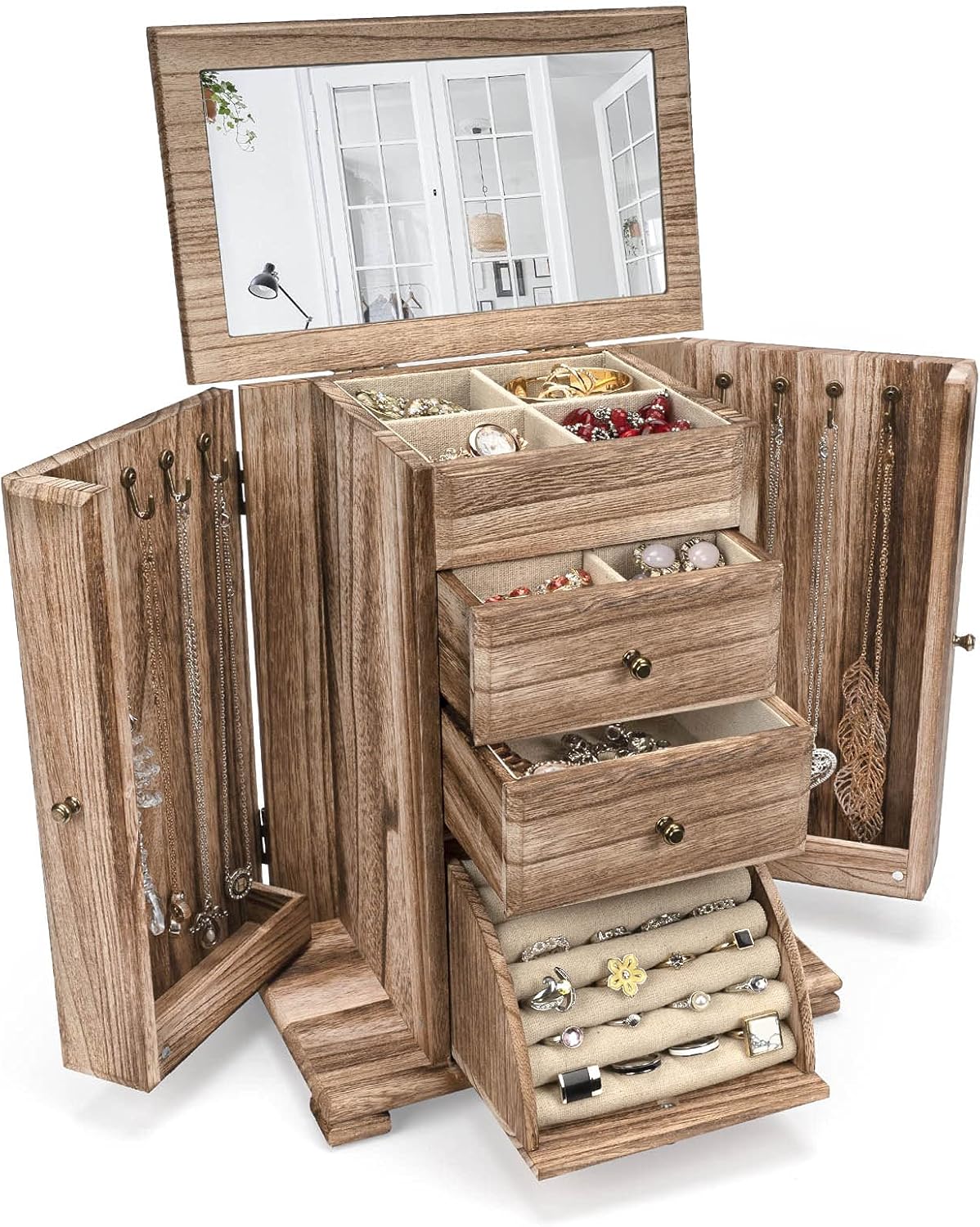 Emfogo Jewelry Box, Women Girls Jewelry Organizer Case with Mirror Display for Rings Earrings Necklaces Bracelets, 4 Layer Rustic Style (Torched Wood Color): Home Improvement
