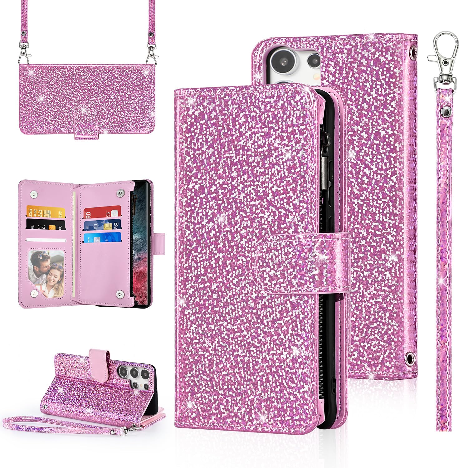 Furiet Polka dots Wallet Case for Samsung Galaxy S24 Ultra 5G with Wrist Strap Shoulder Strap Zipper Flip Purse, Sparkly Glitter Credit Card Holder Stand Phone Cover for S24Ultra 24S S 24 24Ultra Pink