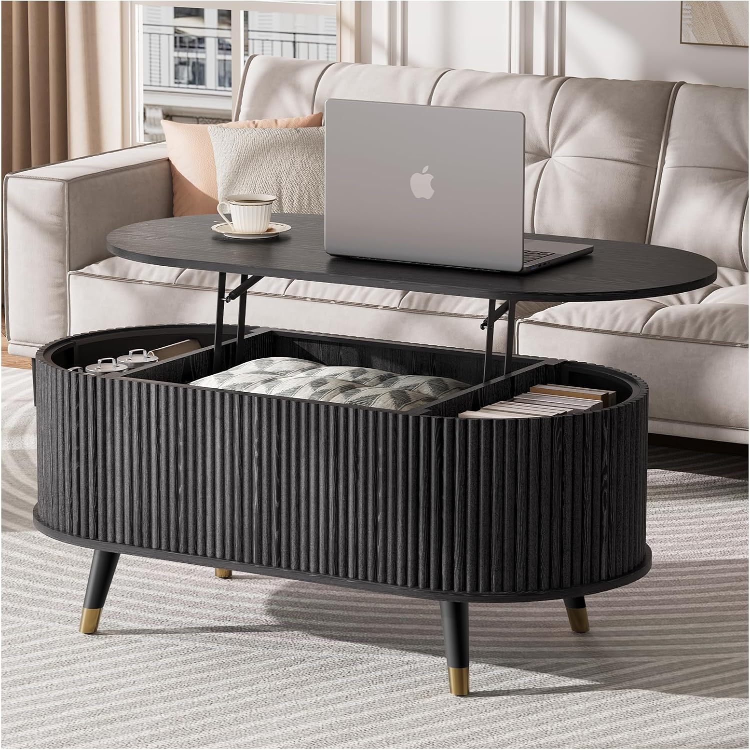 42.5" Oval Lift Top Coffee Table with Storage,Modern Black Center Table with Fluted Design, Pop Up CoffeeTable for Living Room,Solid Wood Legs & Hidden Compartment,